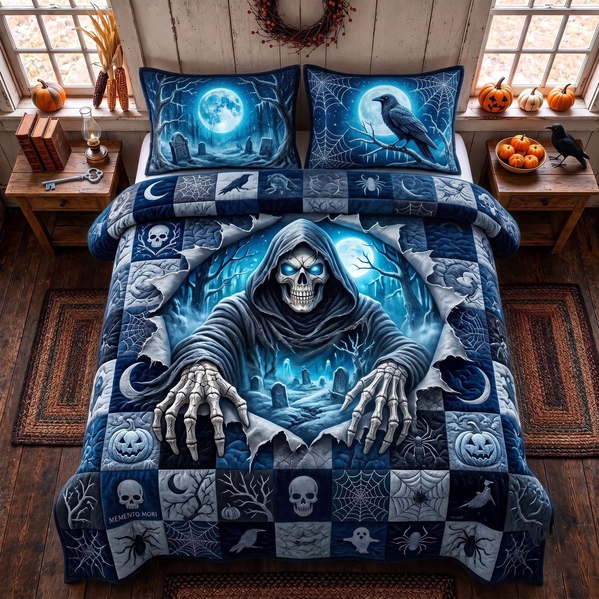 Grim Reaper Quilted Bedding Set Gothic Halloween Coverlet Set Gift For House Lover