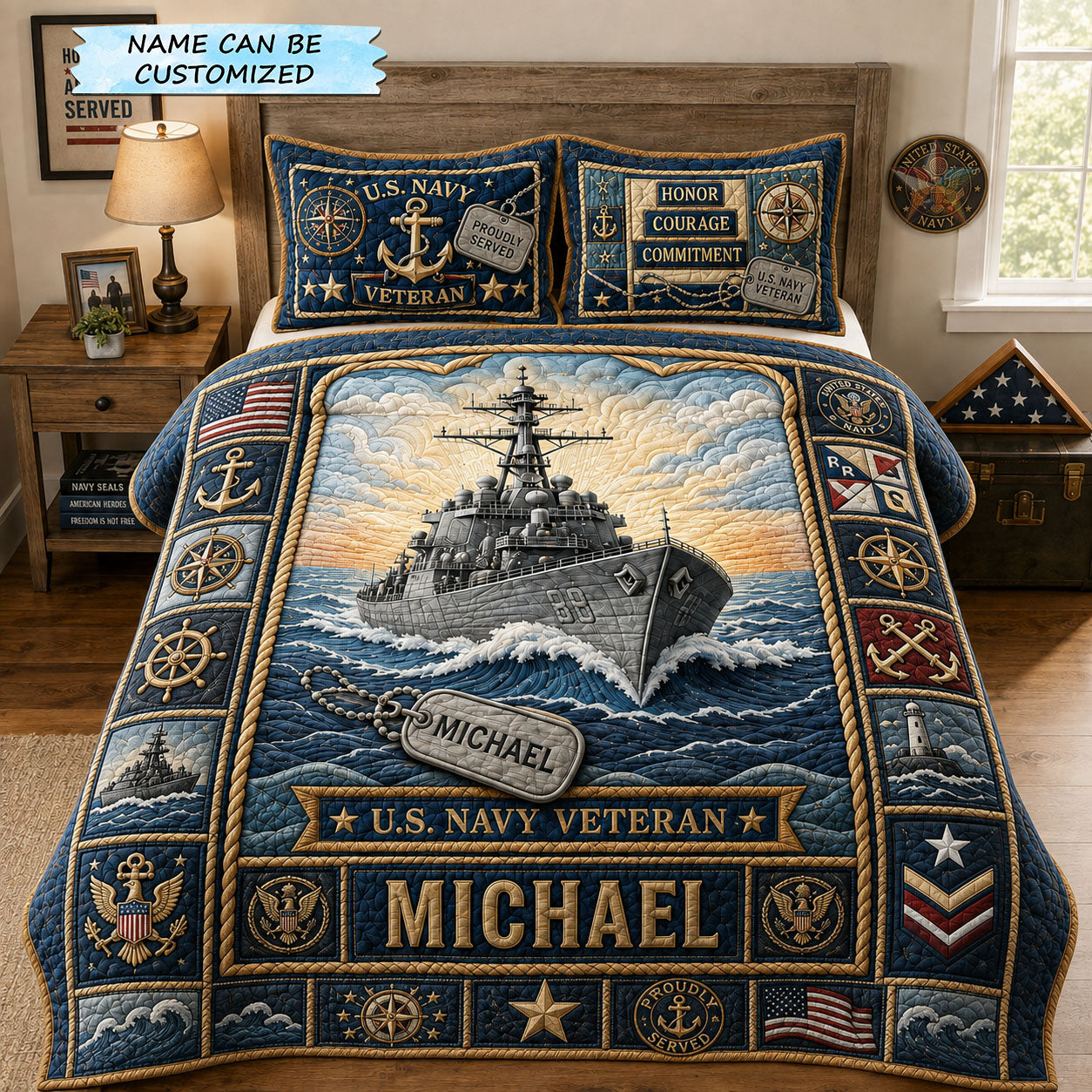 Guardian Of The Seas US Navy Quilted Bedding Set Military Patriotic Coverlet Set Gifts