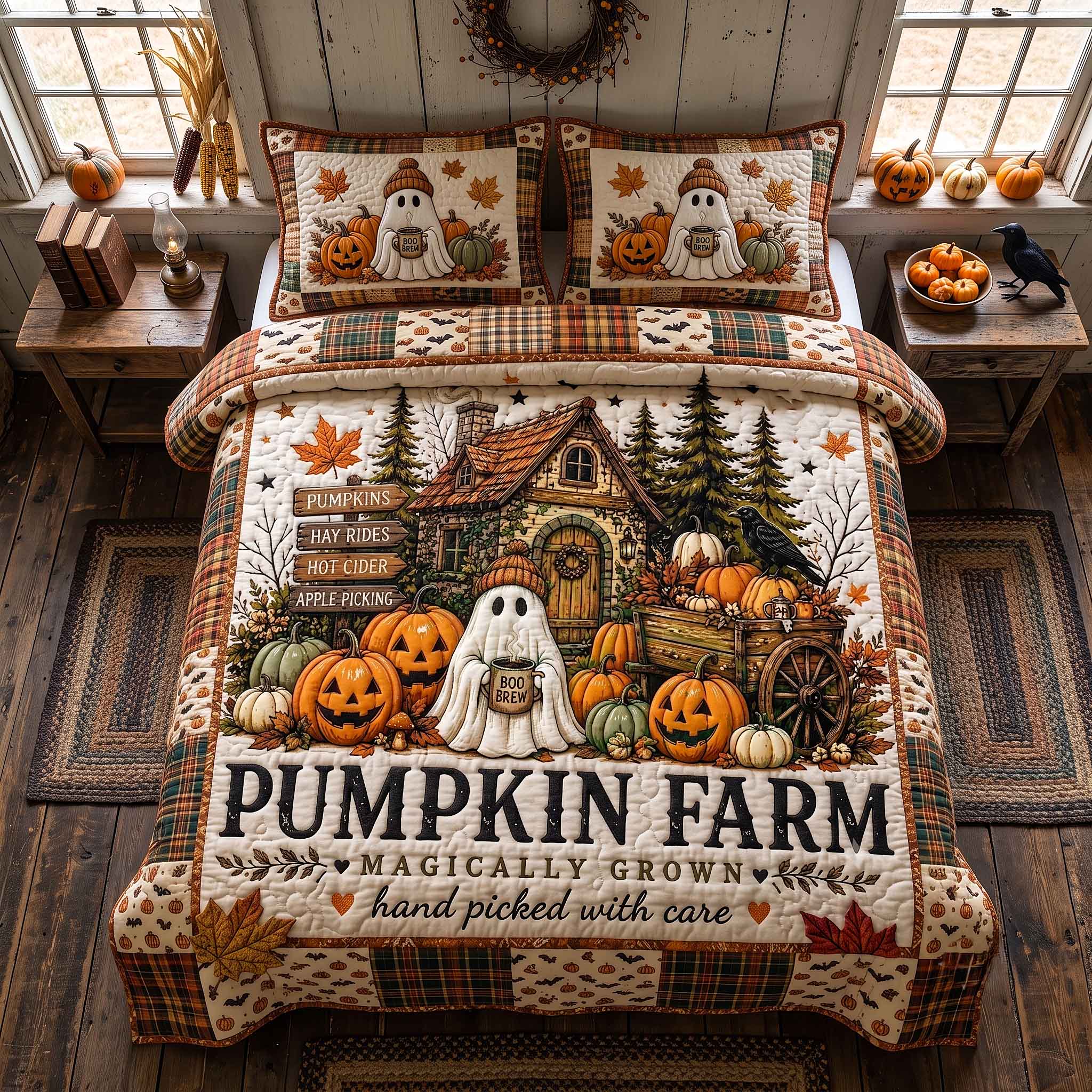 Halloween Pumpkin Farm Quilted Bedding Set Halloween Pumpkin Coverlet Set Unique Gift