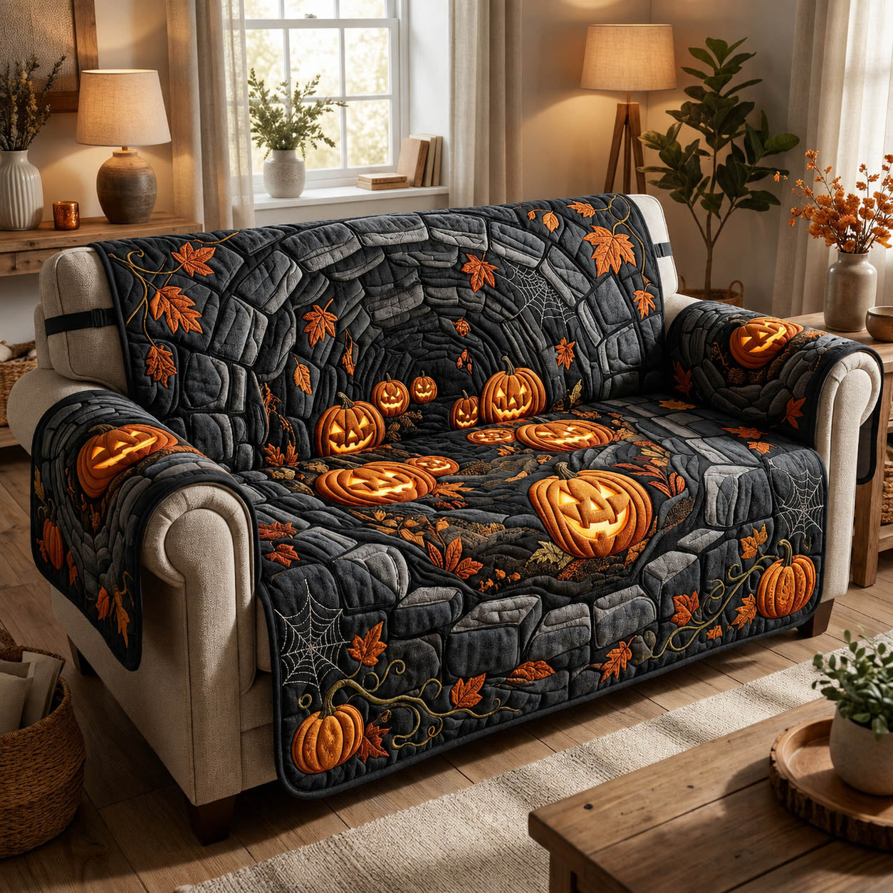 Halloween Pumpkin Quilted Sofa Cover Halloween Magic Quilted Couch Cover Room Gift