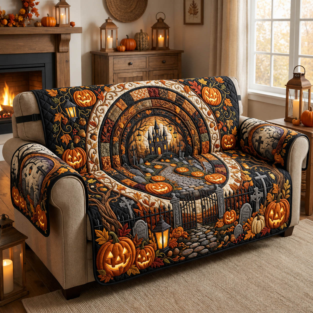Halloween Pumpkin Quilted Sofa Cover Haunted Nights Quilted Couch Cover New Home Ideas