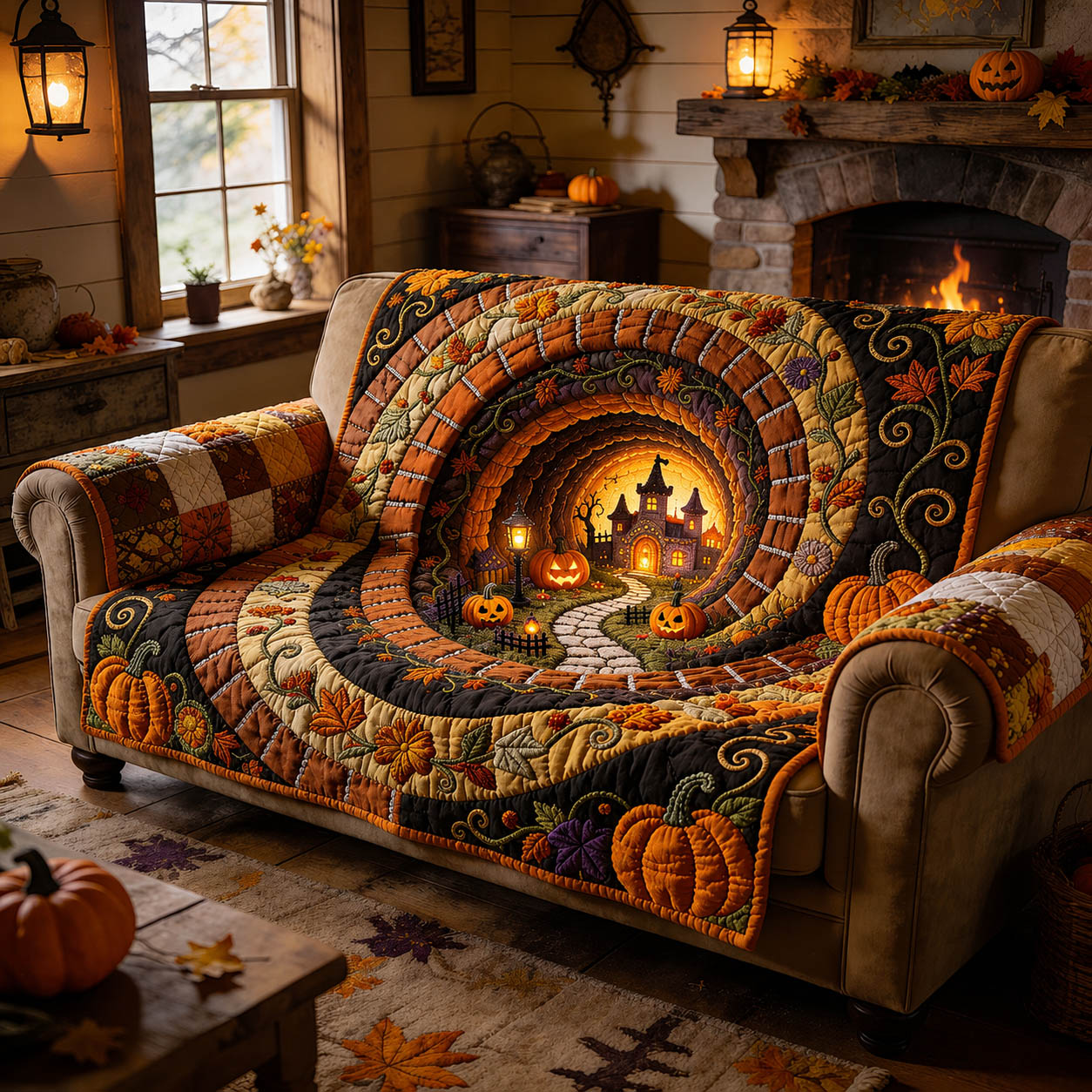 Halloween Pumpkin Wonderland Quilted Sofa Cover Spooky Season Quilted Couch Cover New Home Gift