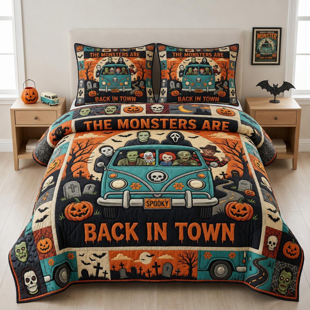 Halloween Town Quilted Bedding Set Halloween Pumpkin Coverlet Set Cool Gift