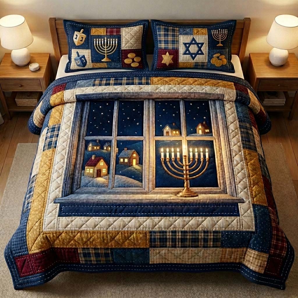 Hanukkah Quilted Bedding Set Hanukkah Celebration Coverlet Set Room Gift