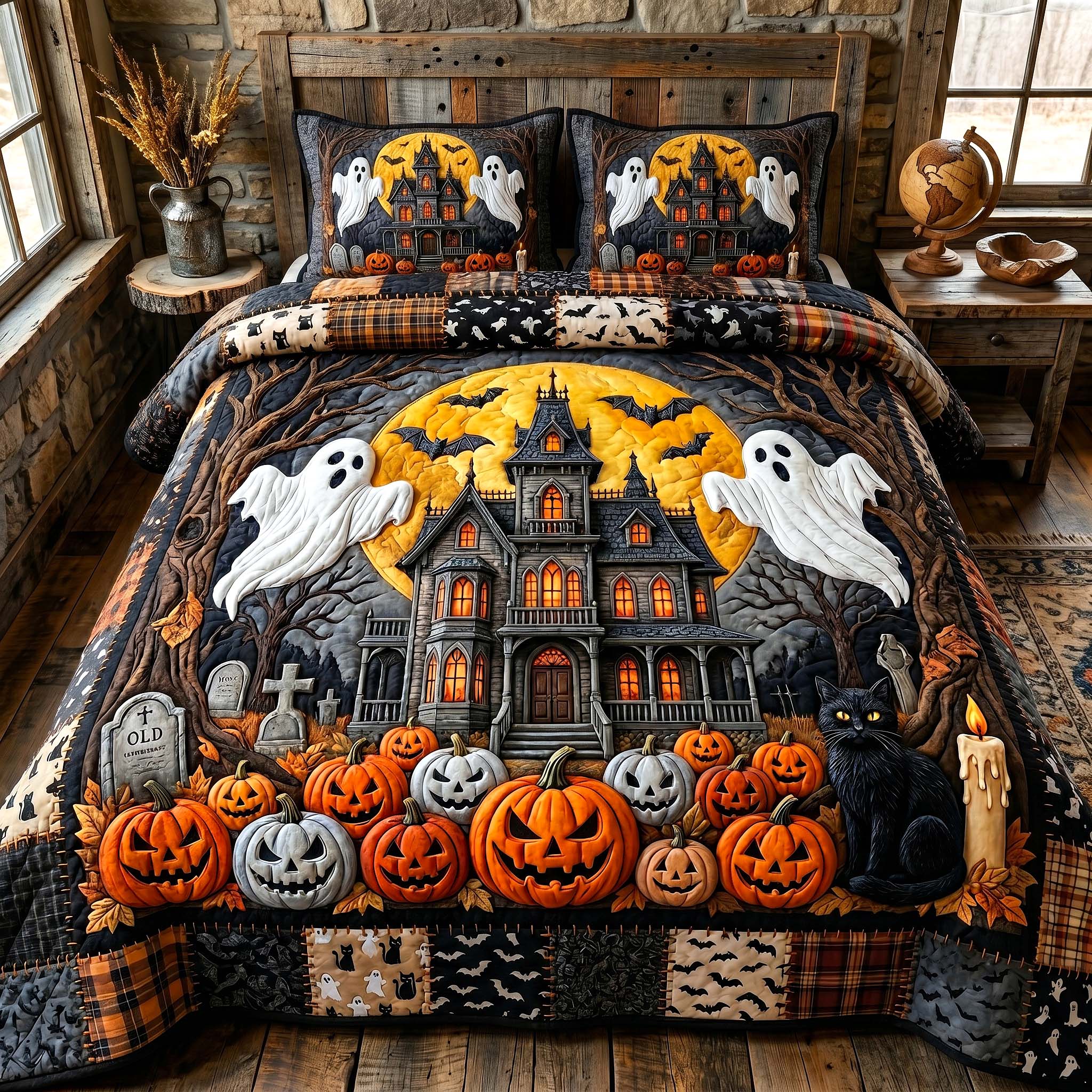 Haunted Manor Quilted Bedding Set Halloween Haunt Coverlet Set Decor Gift