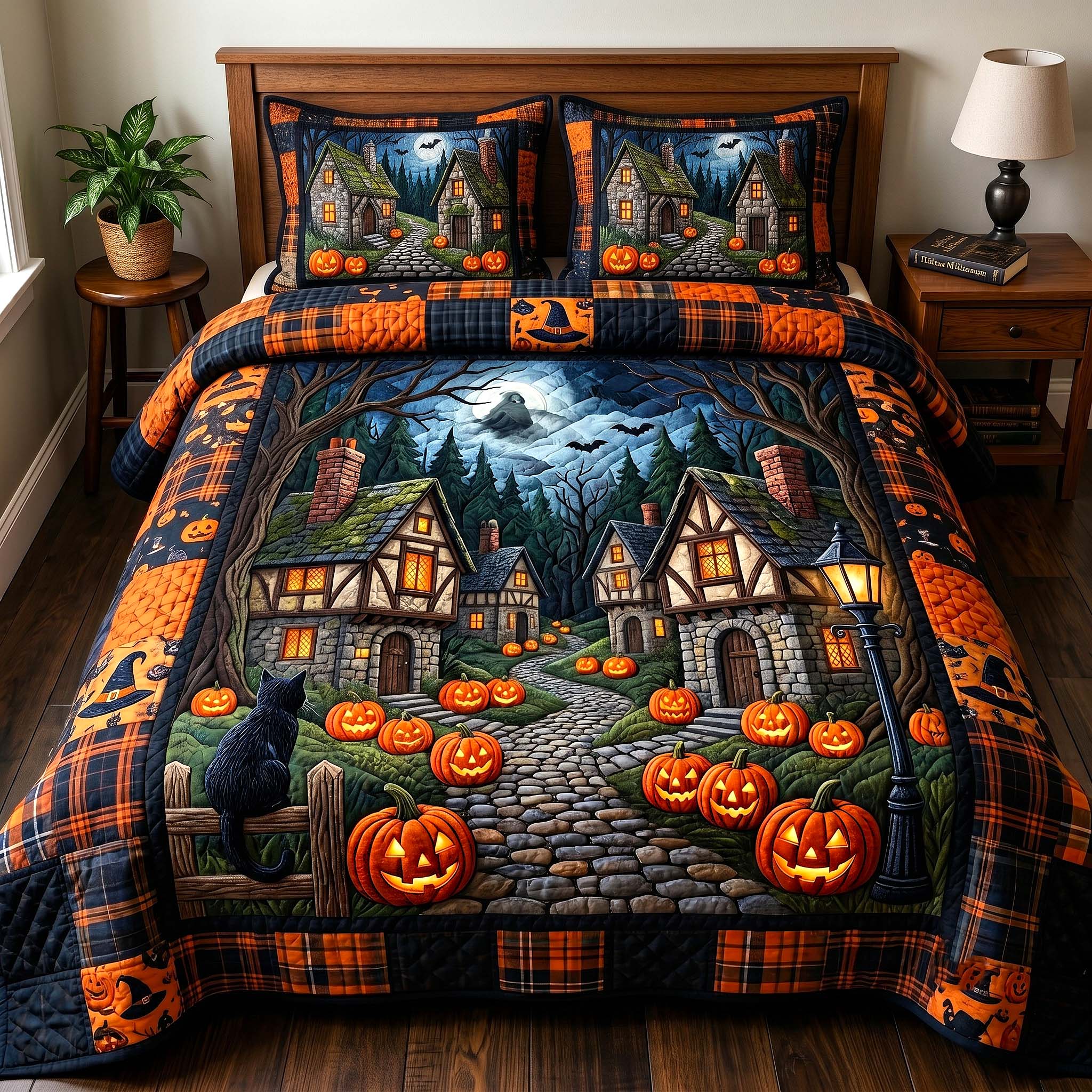 Haunted Manor Quilted Bedding Set Halloween Haunt Coverlet Set Great Gift