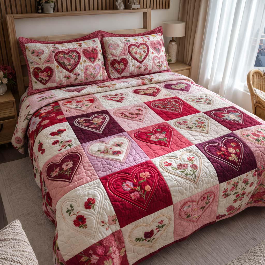 Heart Grid Quilted Bedding Set Romantic Hearts Coverlet Set Cool Gift