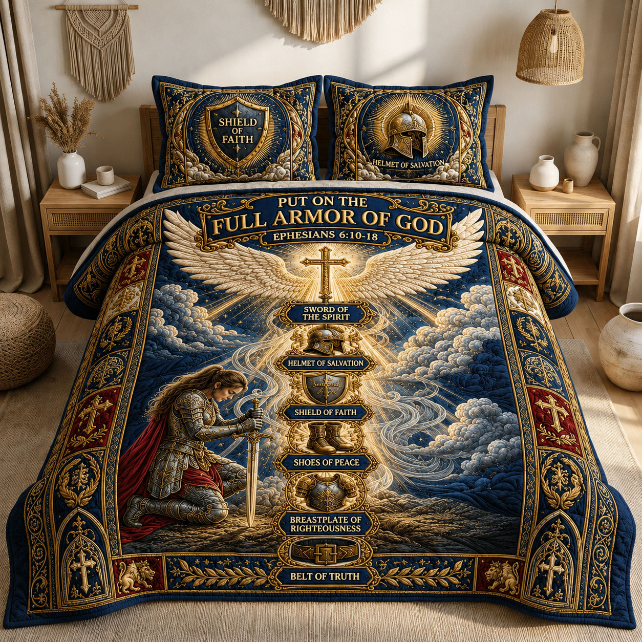 Heavenly Ascension Armor Of God Quilted Bedding Set Christian Warrior Coverlet Set Gift For Mom