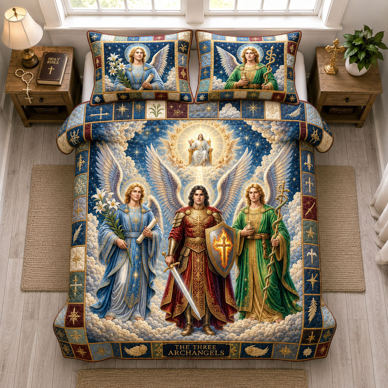 Heavenly Guardian Archangels Quilted Bedding Set Holy Archangels Coverlet Set Perfect Gift