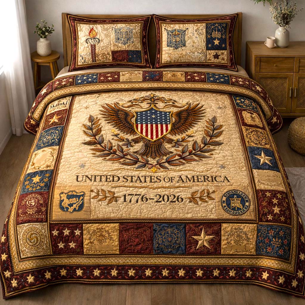 Heritage Patch Quilted Bedding Set Cultural Heritage Coverlet Set Home Lover Gift