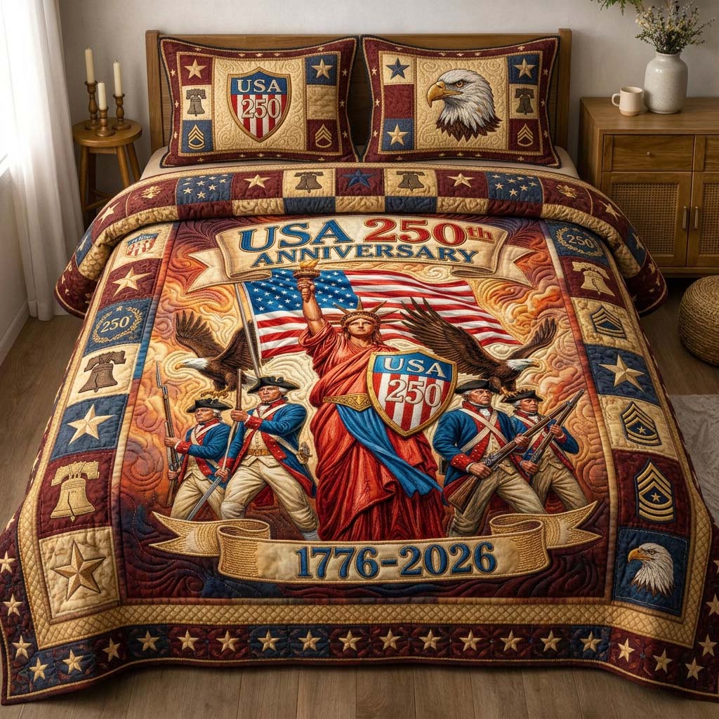 Heritage Shield Quilted Bedding Set Patriotic America Coverlet Set Great Gift Ideas