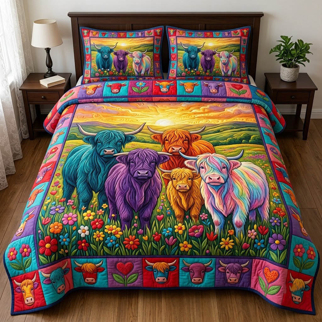 Highland Cow Quilted Bedding Set Cow Lover Coverlet Set Best Room Decor Gifts