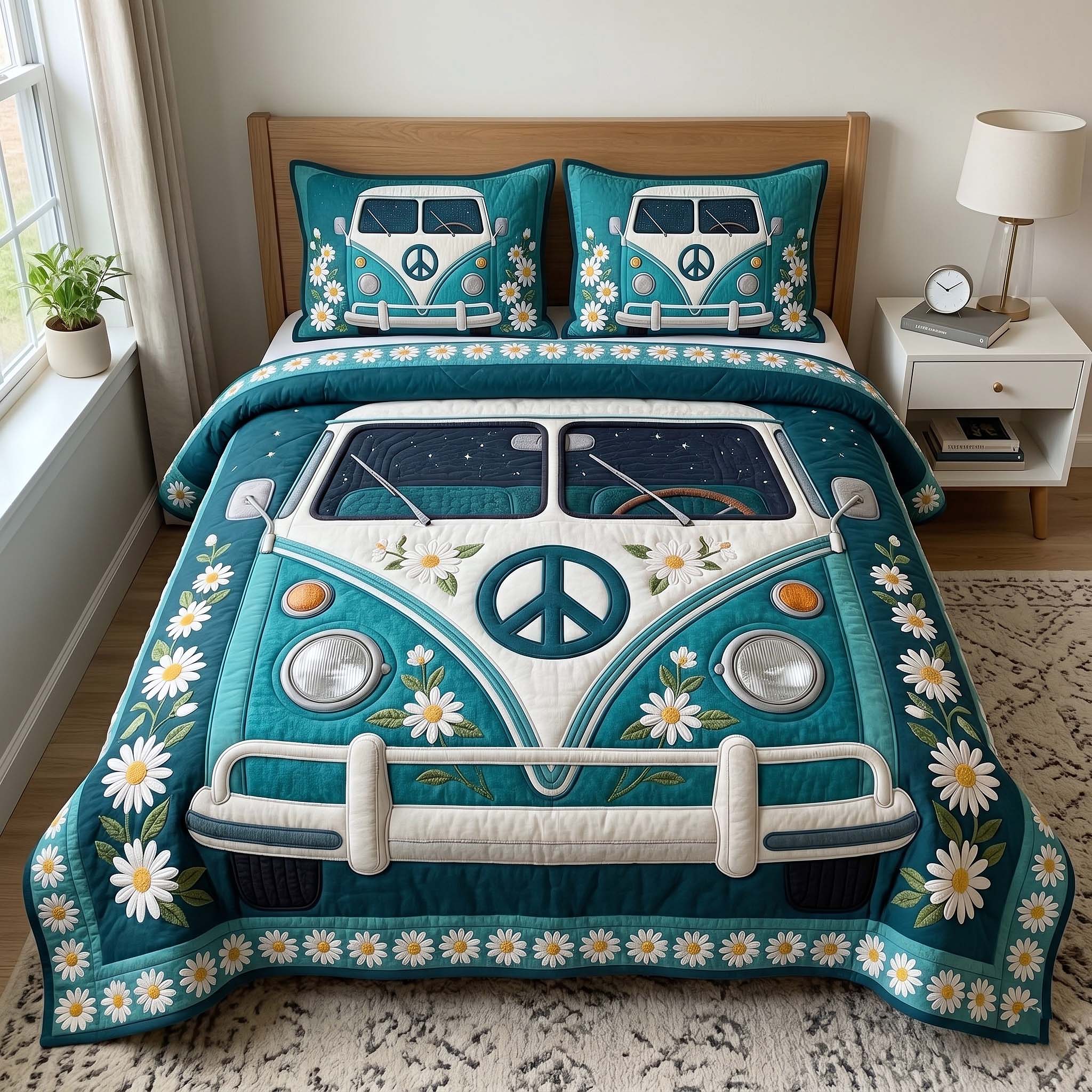 Hippie Van Quilted Bedding Set Boho Roadtrip Coverlet Set Home Lover Gift