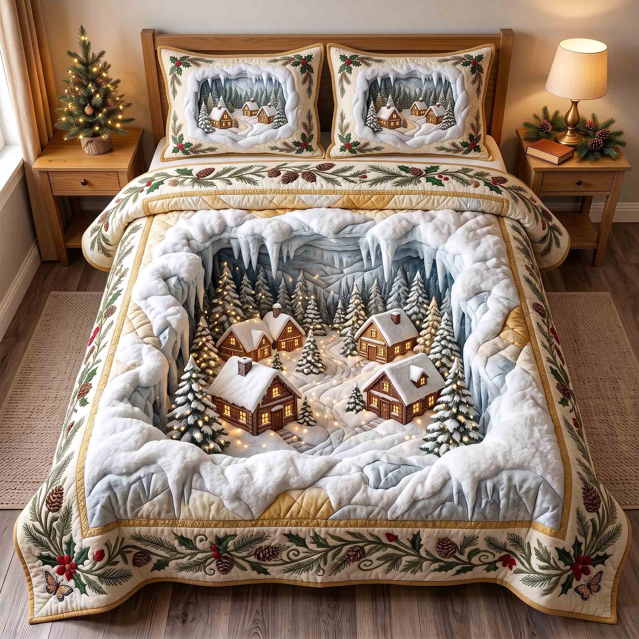 Holiday Village Quilted Bedding Set Christmas Village Coverlet Set Cool Room Decor Gifts