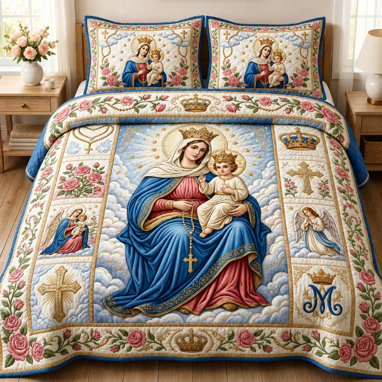 Holy Mother Quilted Bedding Set Christian Faith Coverlet Set Cool Room Decor