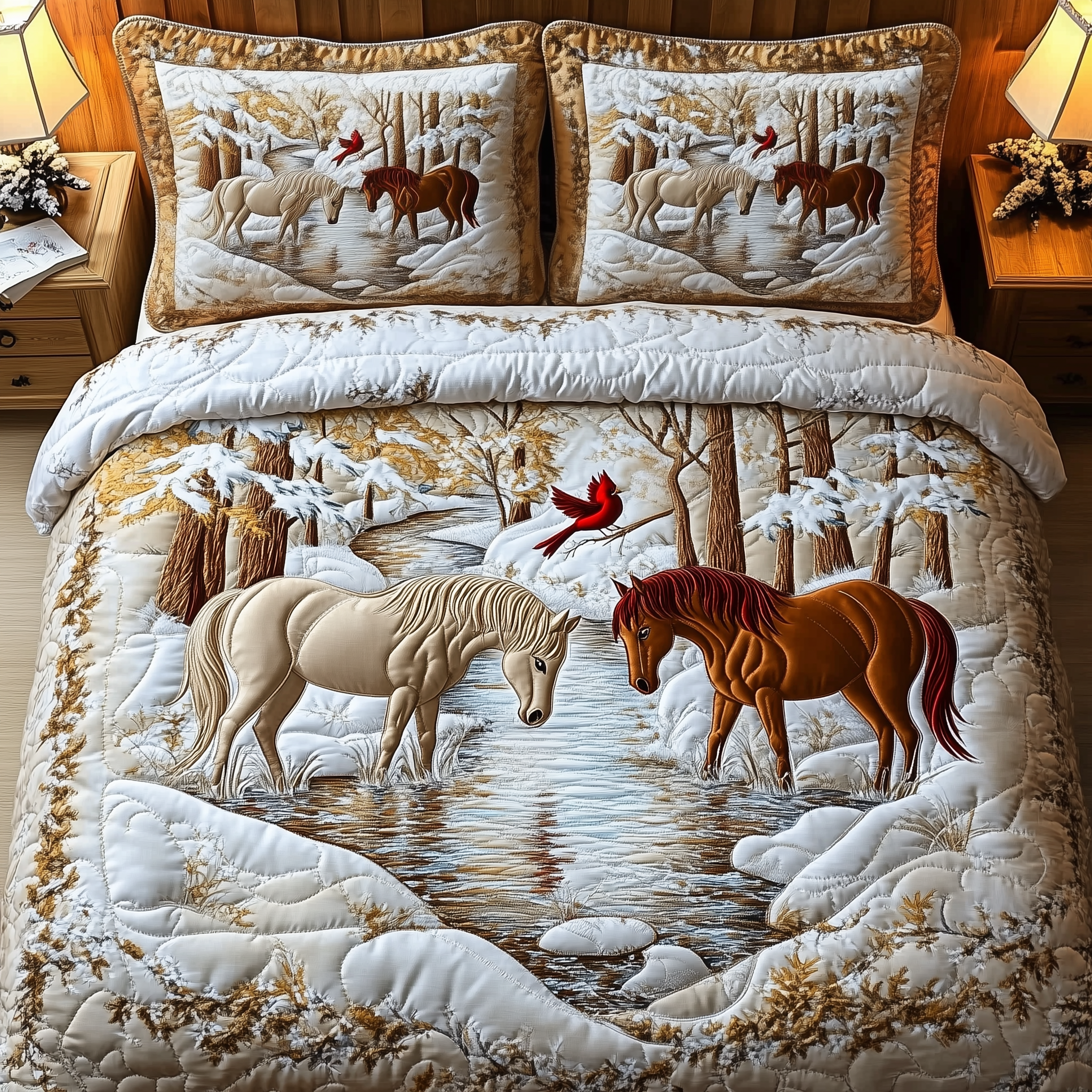 Horse Couple Winter Quilted Bedding Set Horse Lover Coverlet Set Present House Lovers