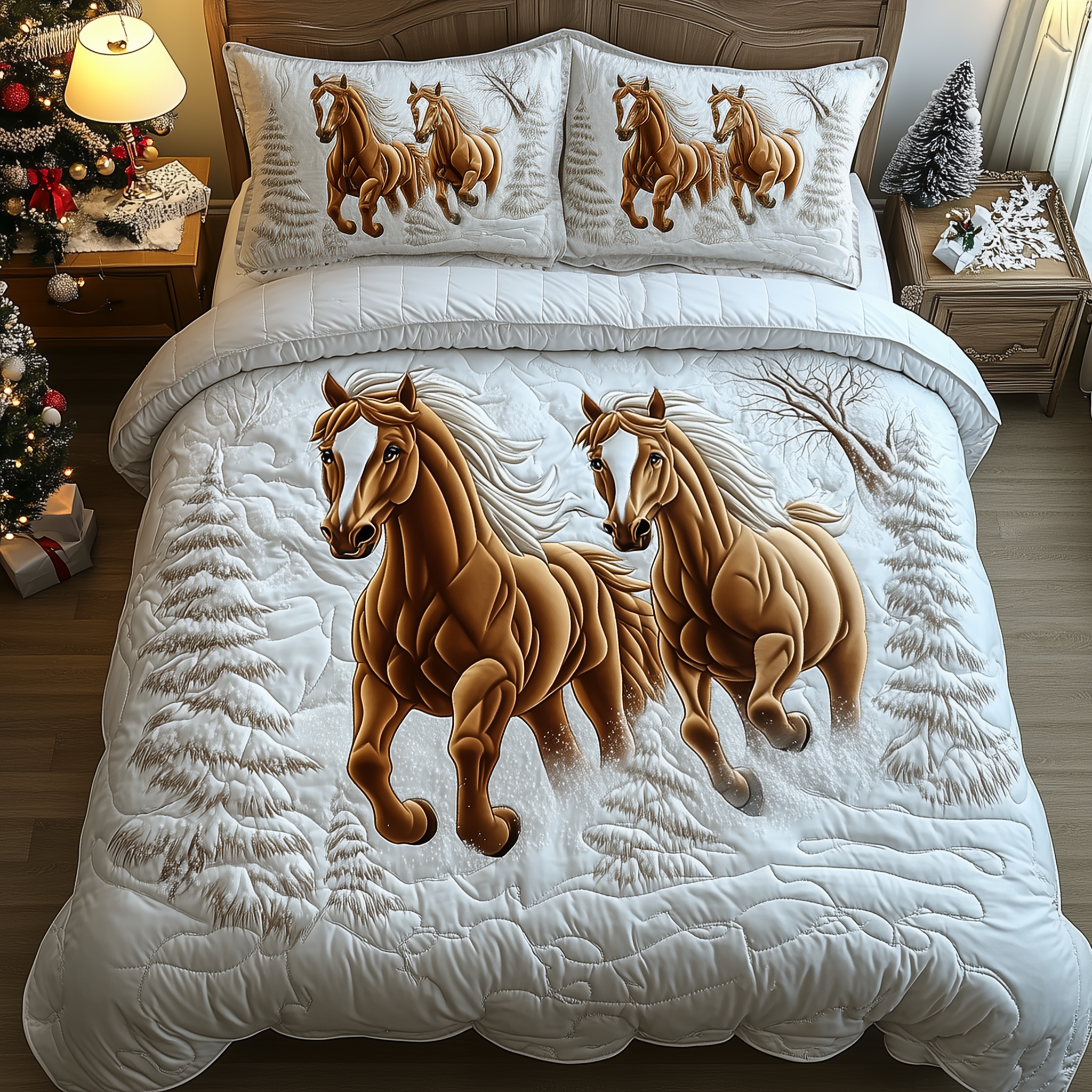 Horses Frosty Trail Quilted Bedding Set Horse Lover Coverlet Set Unique Gift