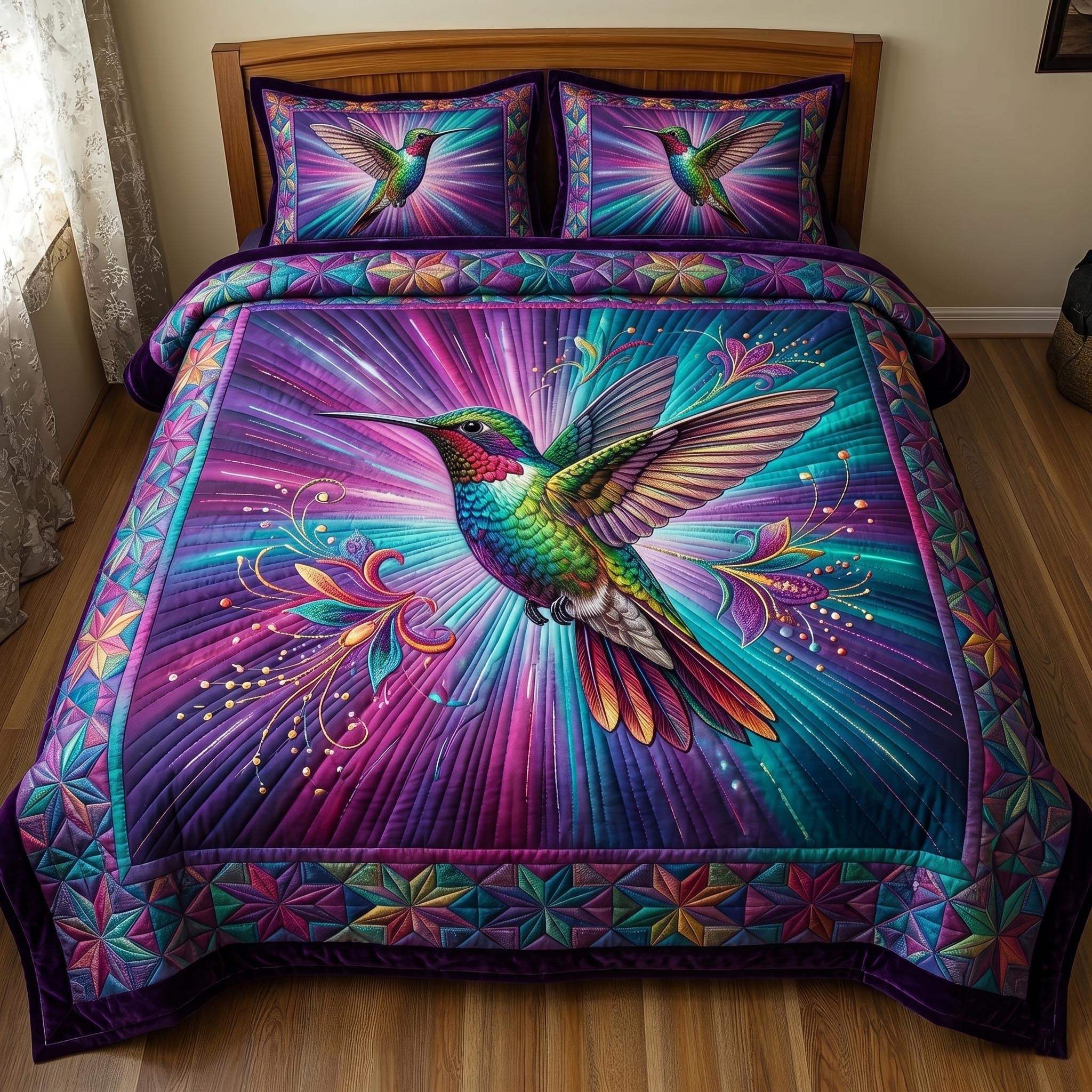 Hummingbird Blossom Quilted Bedding Set Hummingbird Lover Coverlet Set House Gift