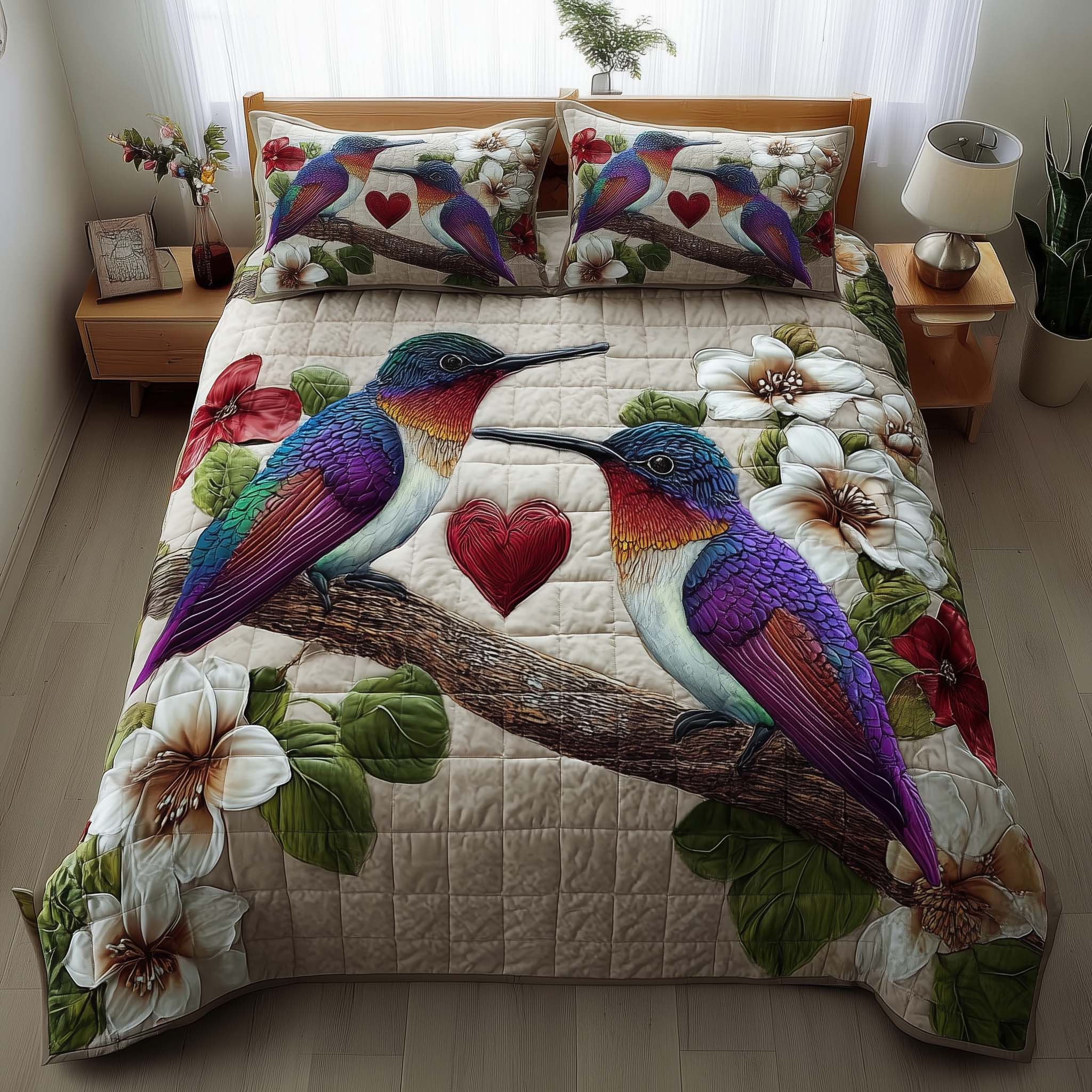 Hummingbird Embrace Quilted Bedding Set Hummingbird Lover Coverlet Set Unique Decor Gift