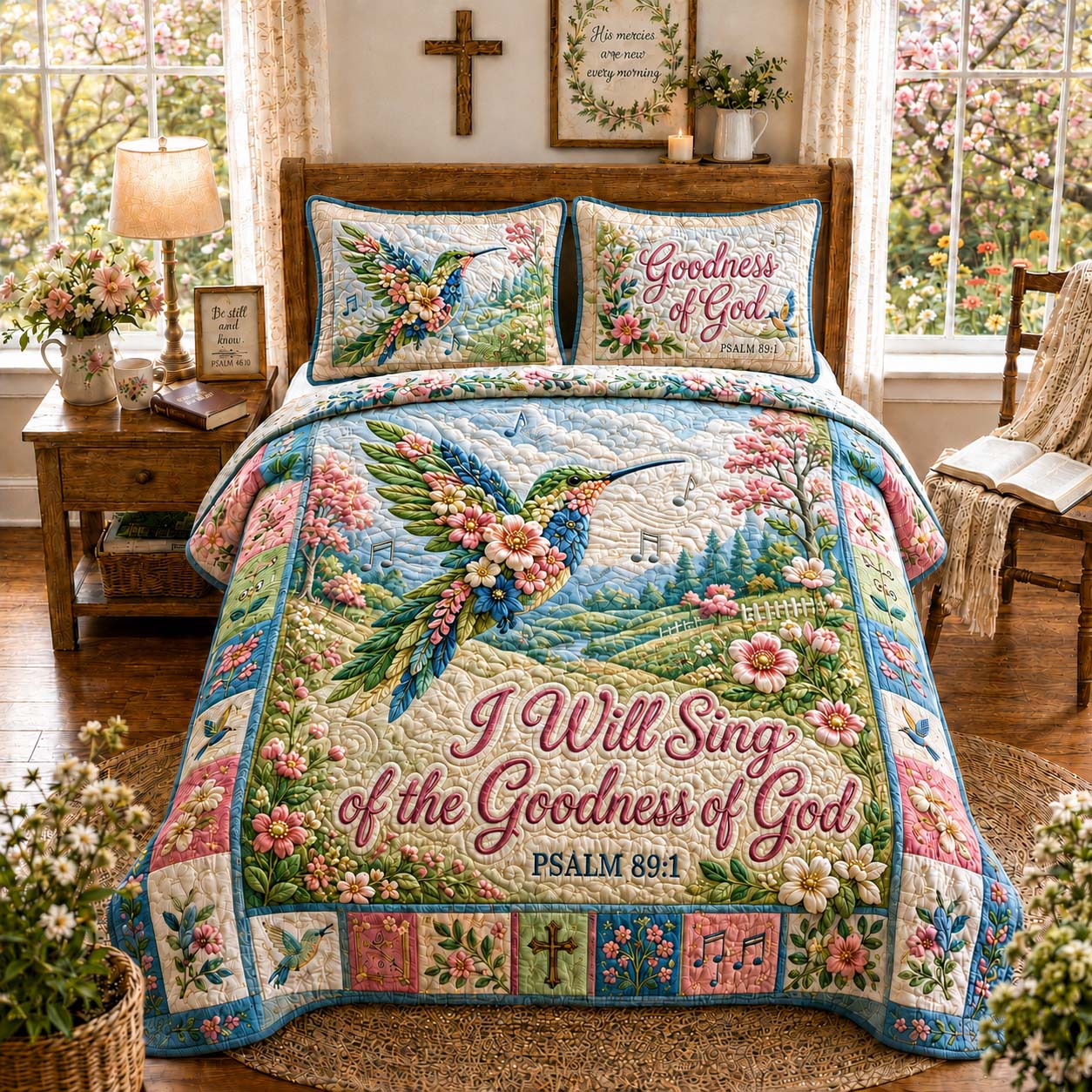 Hummingbird Garden Praise Quilted Bedding Set Hummingbird Lover Coverlet Set Perfect Gift Ideas