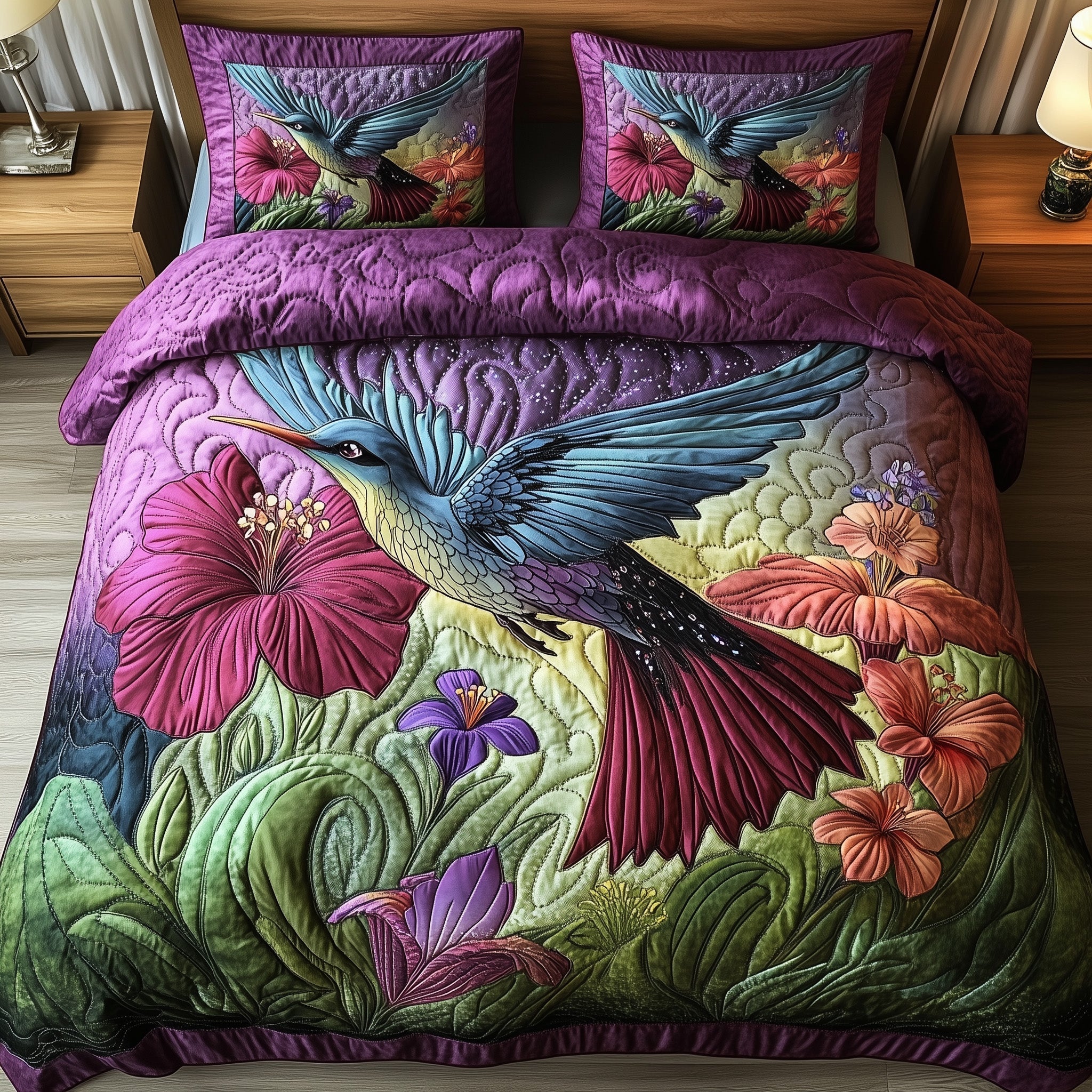 Hummingbird Haven Quilted Bedding Set Hummingbird Lover Coverlet Set Room Gifts