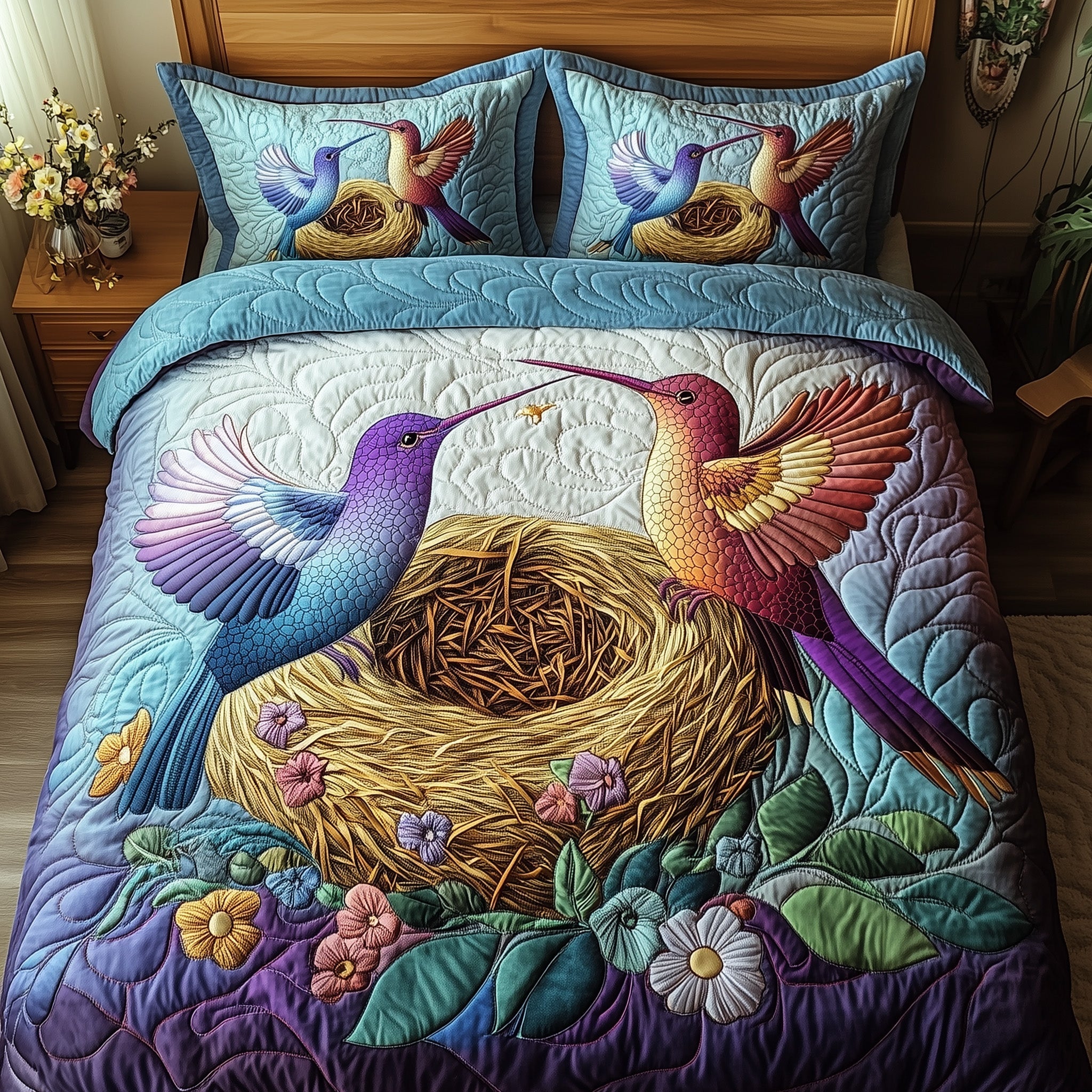 Hummingbird Haven Quilted Bedding Set Hummingbird Lover Coverlet Set Trendy Gift