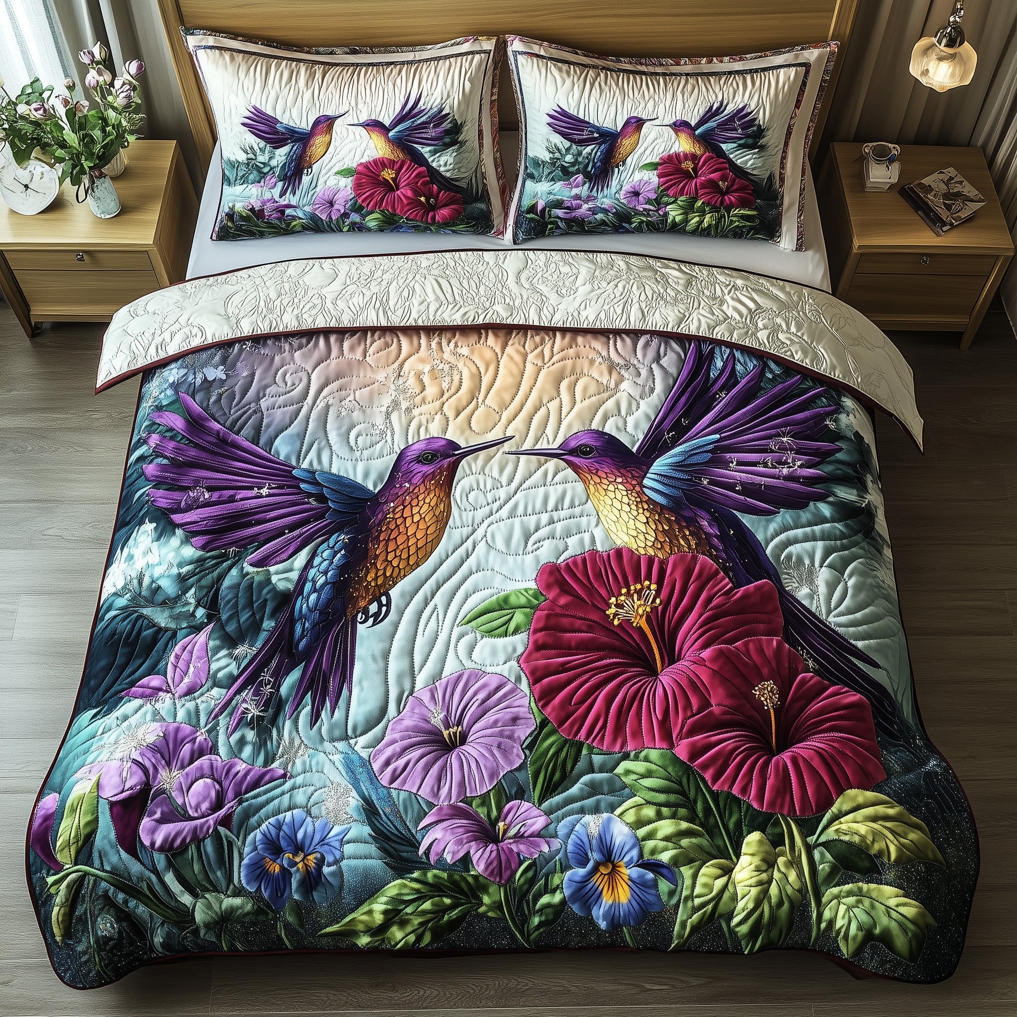 Hummingbird Love Quilted Bedding Set Hummingbird Lover Coverlet Set Decor Gift