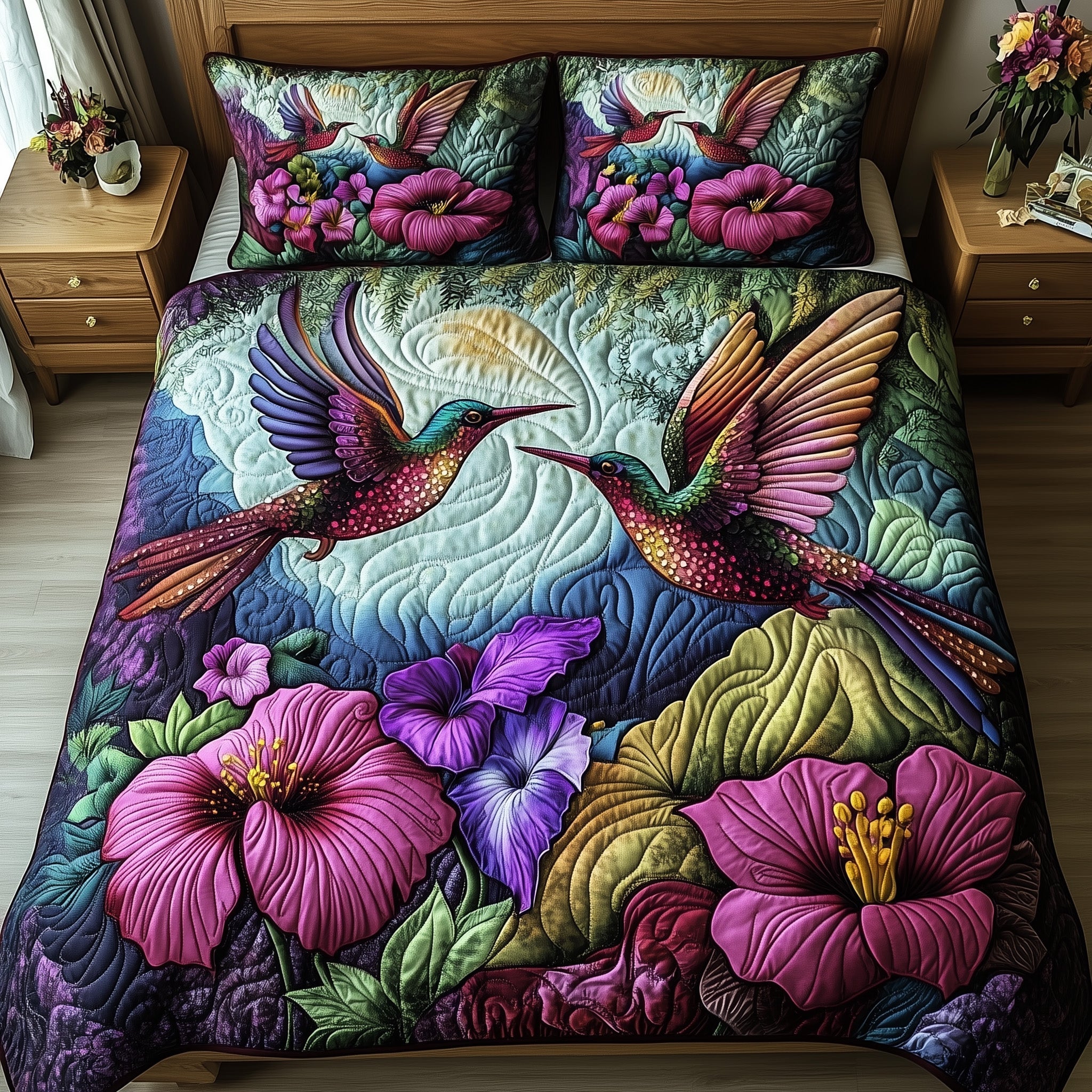 Hummingbird Love Quilted Bedding Set Hummingbird Lover Coverlet Set Gifts For Room Decor