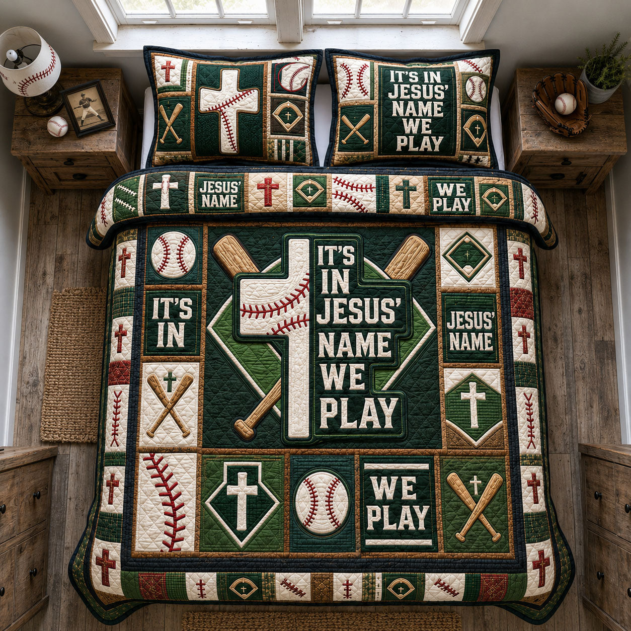 In Jesus Name We Play Baseball Quilted Bedding Set Christian Baseball Coverlet Set Home Gift