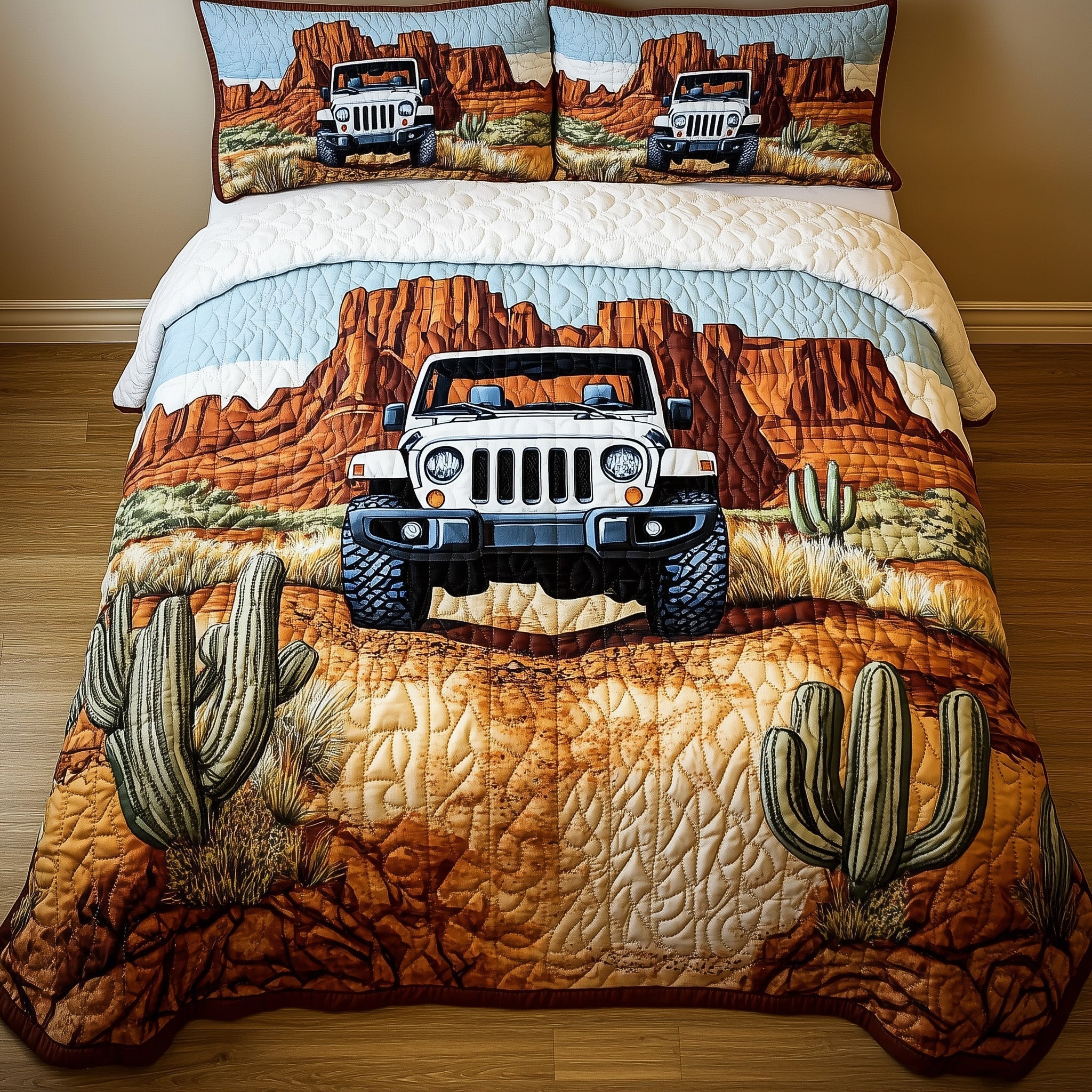 Jeep in the Canyon Quilted Bedding Set Americana Roadtrip Coverlet Set Decor Gift
