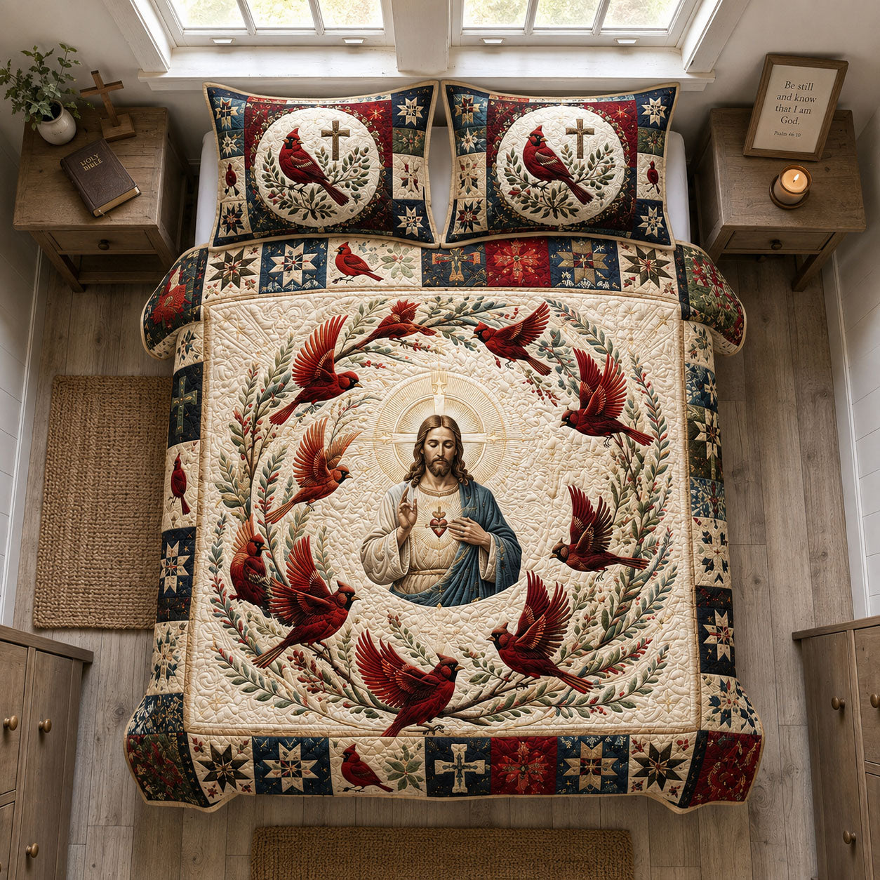 Jesus Cardinal Wreath Quilted Bedding Set Christian Cardinal Coverlet Set Best Home Decor Gifts