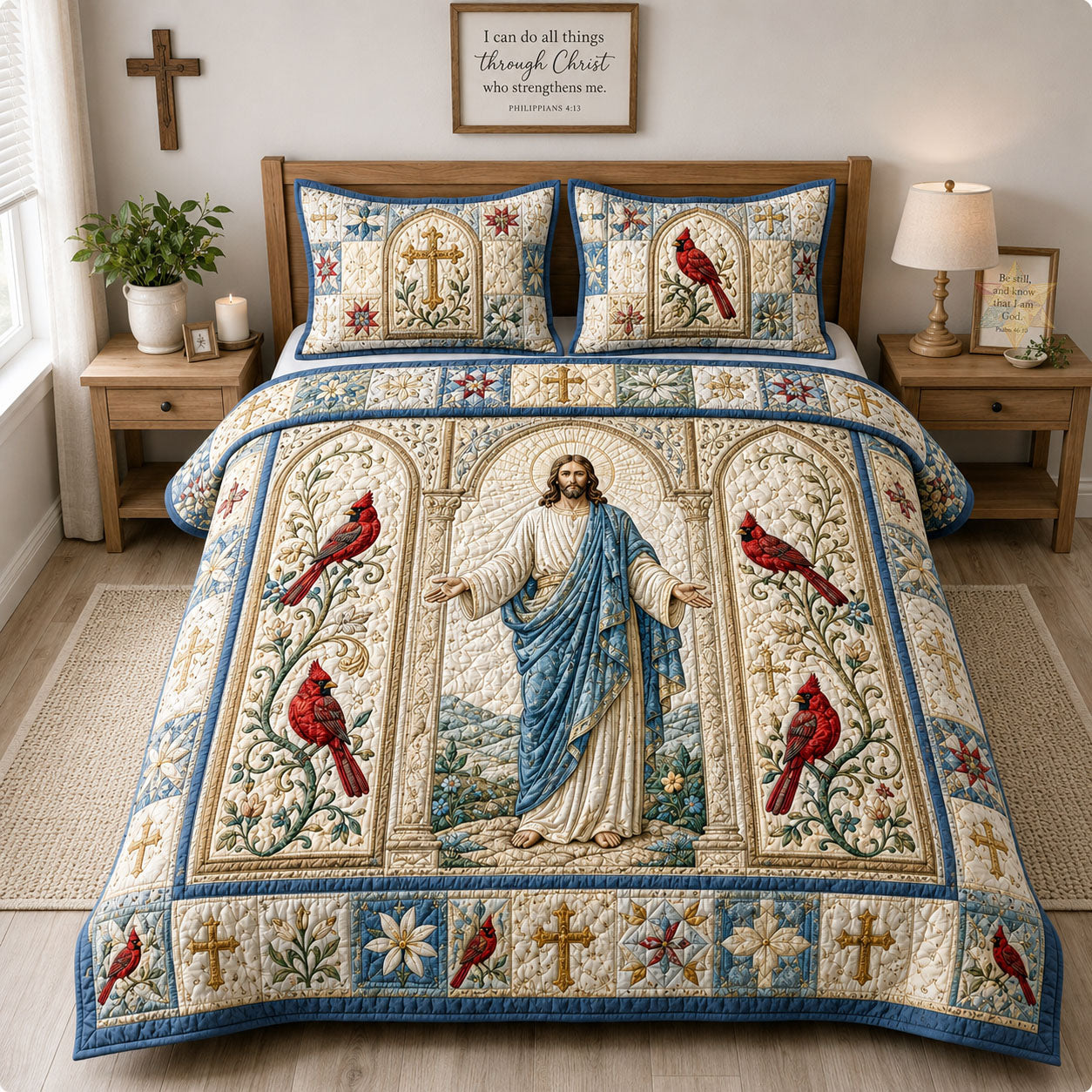 Jesus Faith Cardinal Quilted Bedding Set Christian Cardinal Coverlet Set Gift For Home Decor