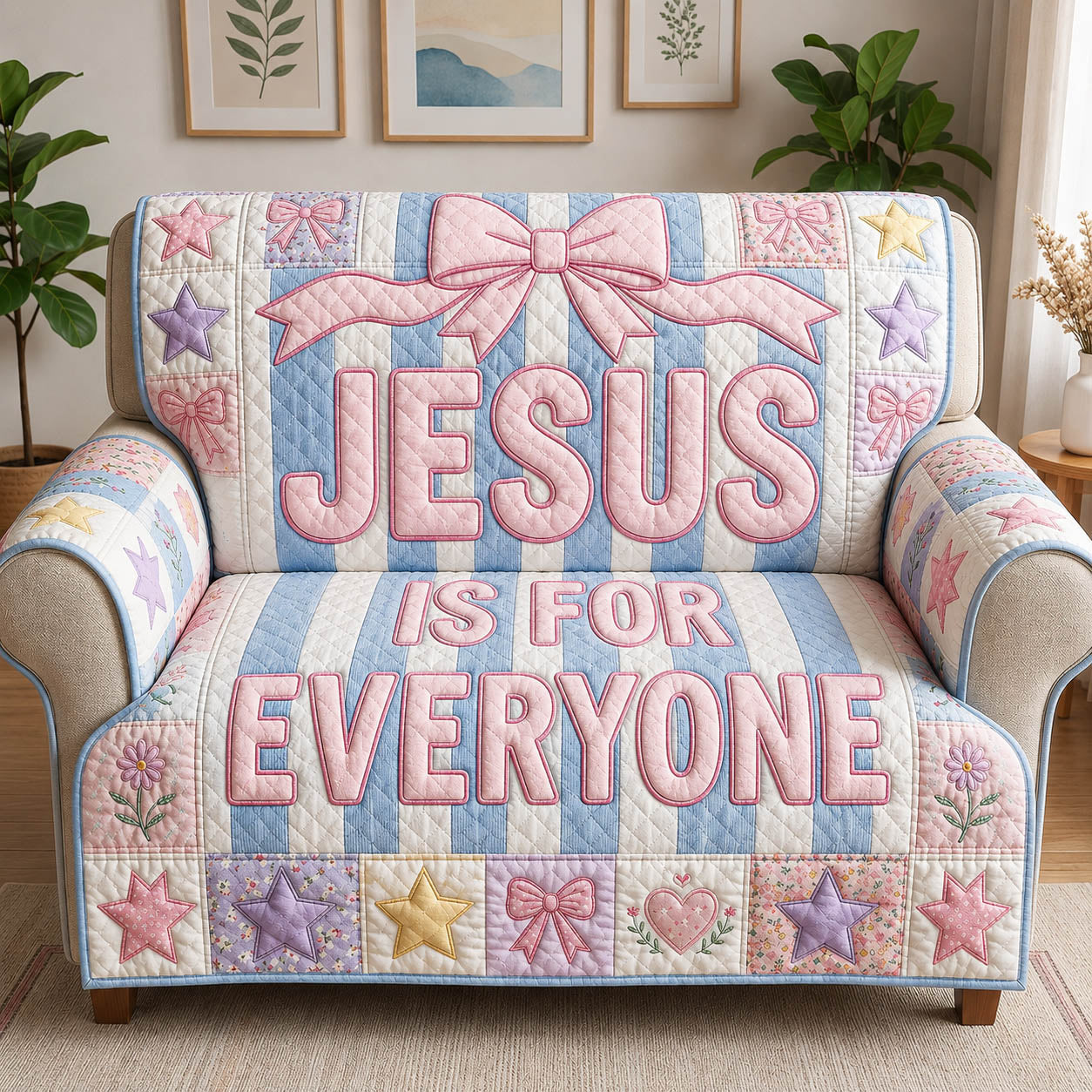 Jesus Is For Everyone Stripped Pattern Quilted Sofa Cover Christian Faith Quilted Couch Cover