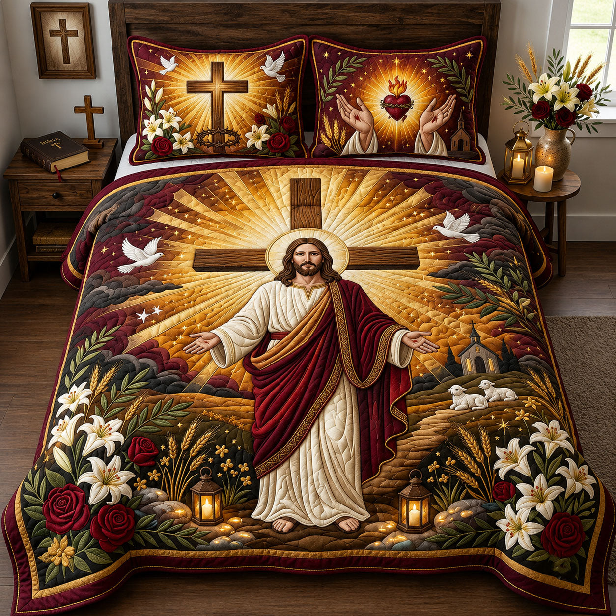 Jesus Quilted Bedding Set Christian Faith Coverlet Set Room Lover Gift