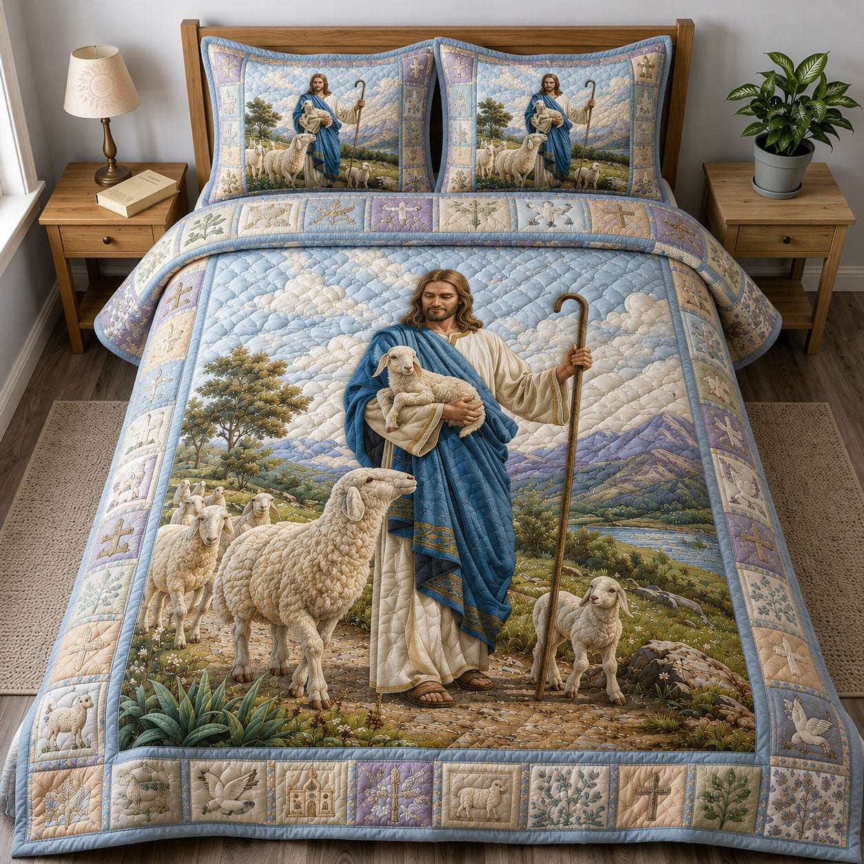 Jesus The Shepherd Quilted Bedding Set Christian Faith Coverlet Set Room Gift