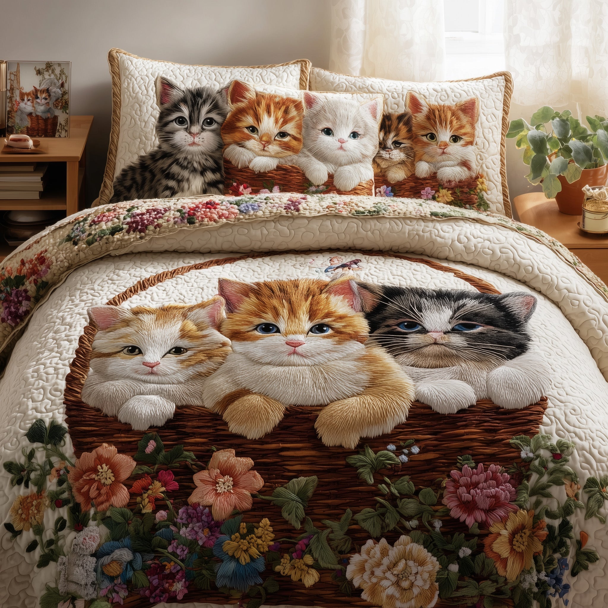 Kittens Garden Quilted Bedding Set Cat Lover Coverlet Set Gift For Cozy Spaces