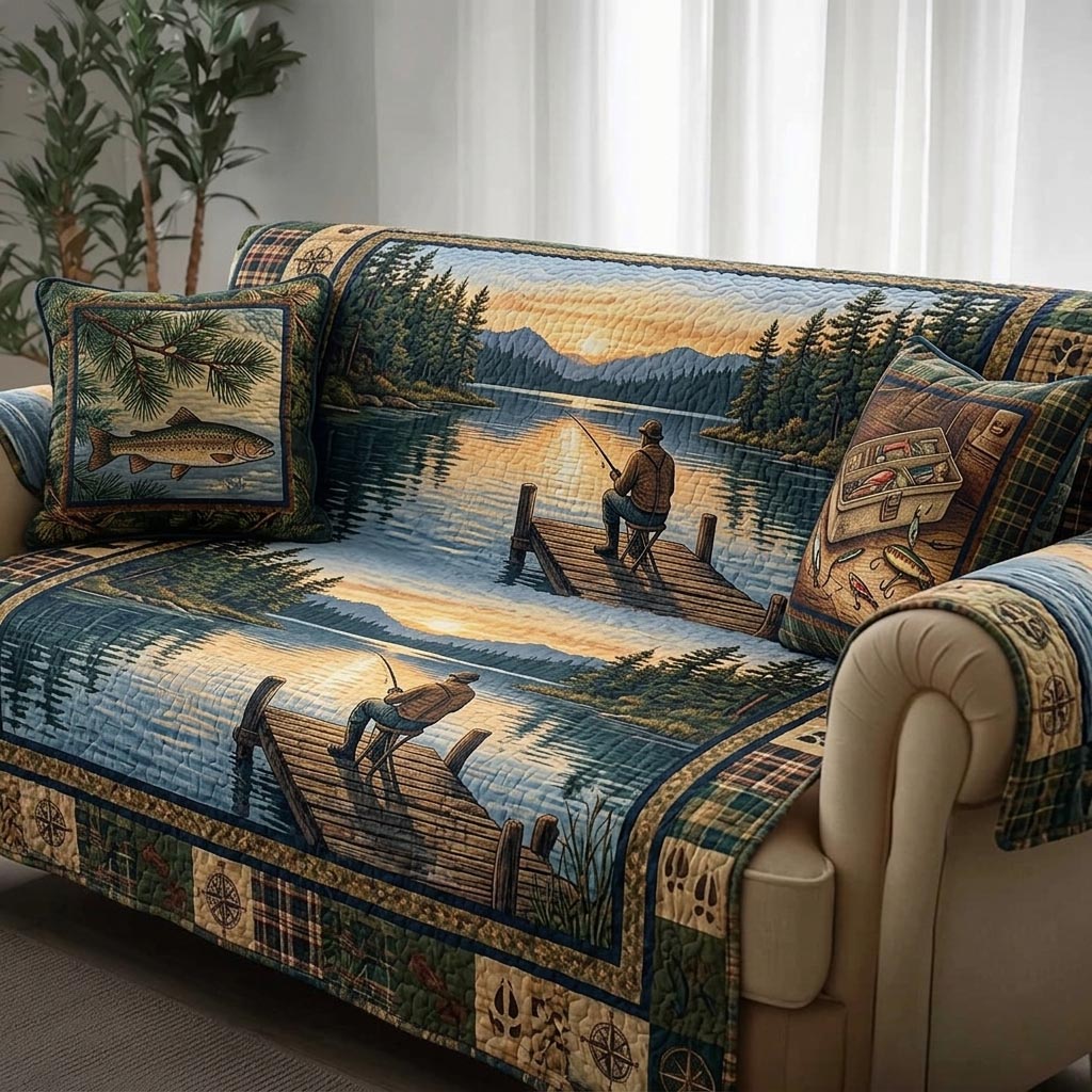Lake Angler Quilted Sofa Cover Lakeside Life Quilted Couch Cover Unique Decor Gift