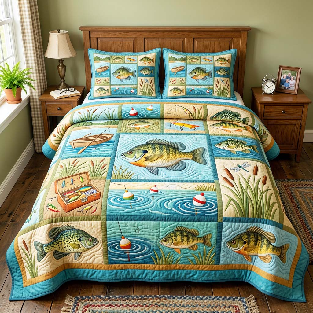 Lake Bass Quilted Bedding Set Bass Lover Coverlet Set Cute Gift For Mom