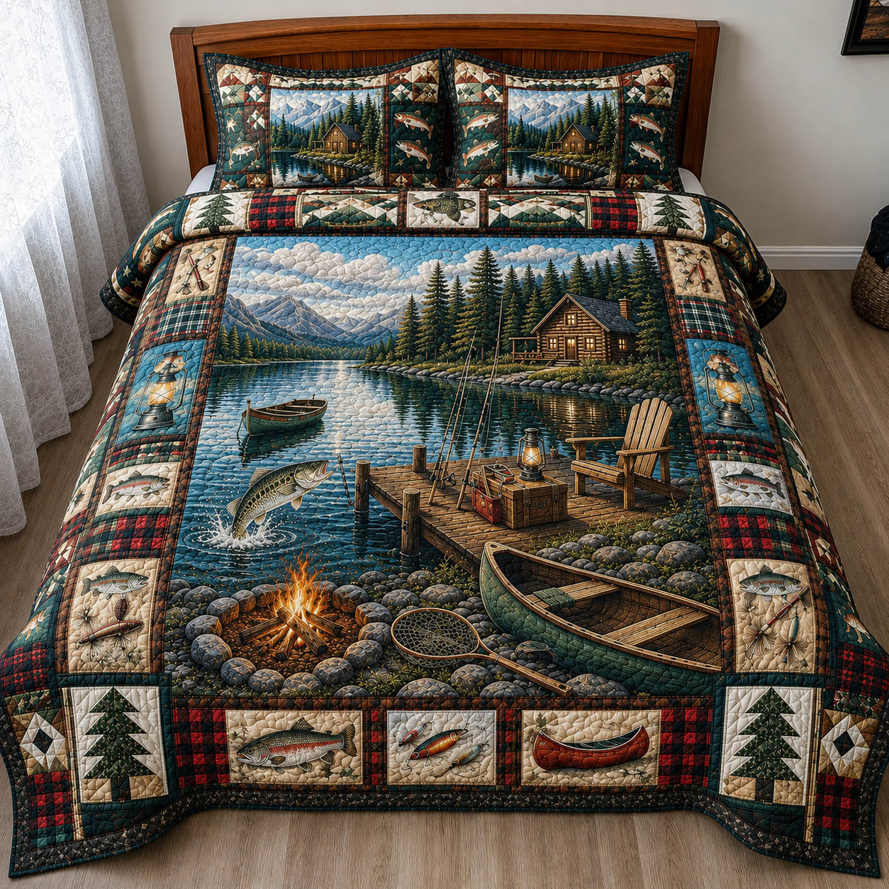 Lake Cabin Camping Quilted Bedding Set Camping Lifestyle Coverlet Set Cute Room Decor Gifts