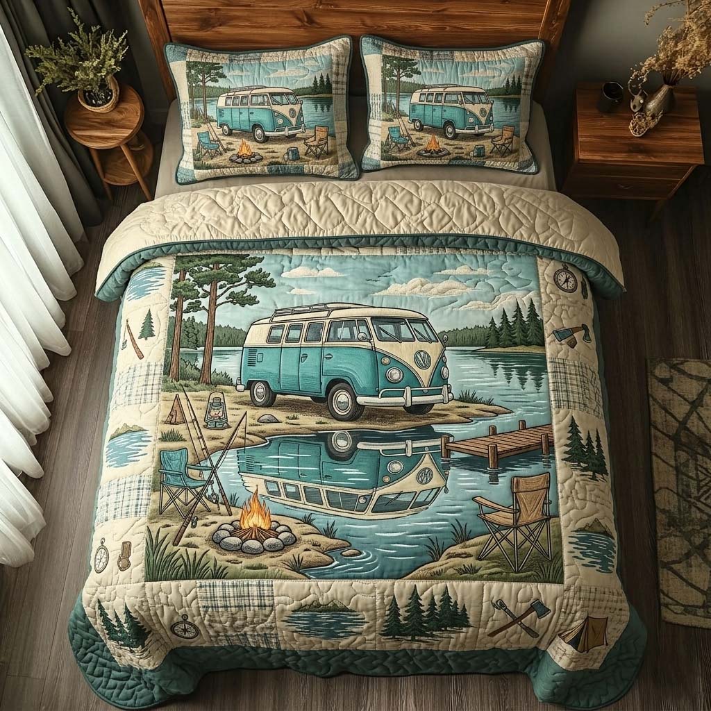 Lake Camper Quilted Bedding Set Camping Lifestyle Coverlet Set Unique Gift