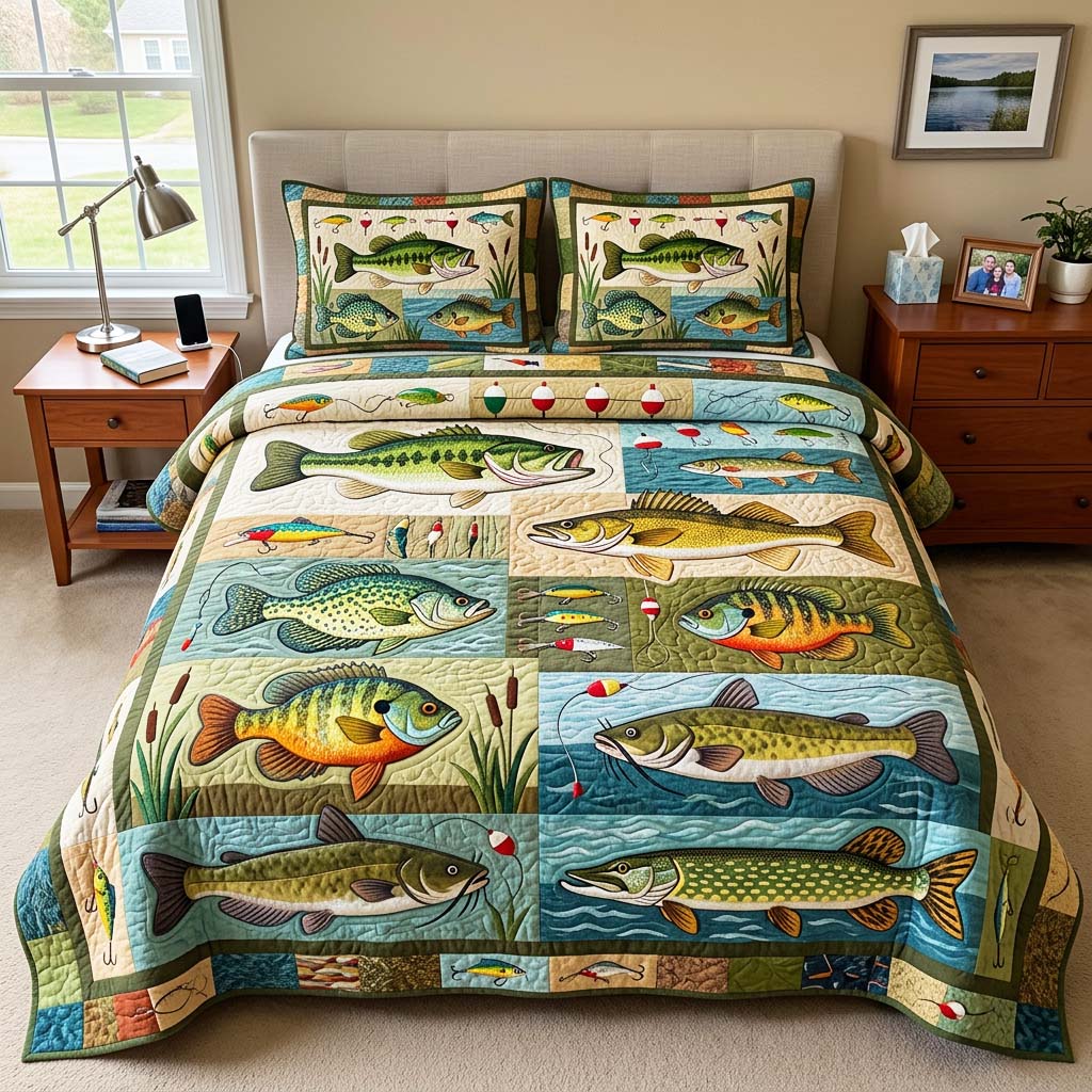 Lake Catch Quilted Bedding Set Cat Lover Coverlet Set Gift For Living Room