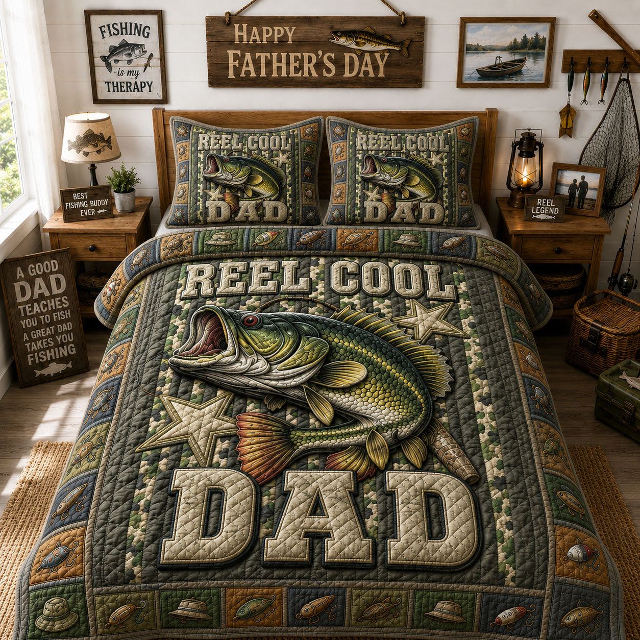 Largemouth Bass Dad Quilted Bedding Set Bass Lover Coverlet Set Room Decor Gift Ideas
