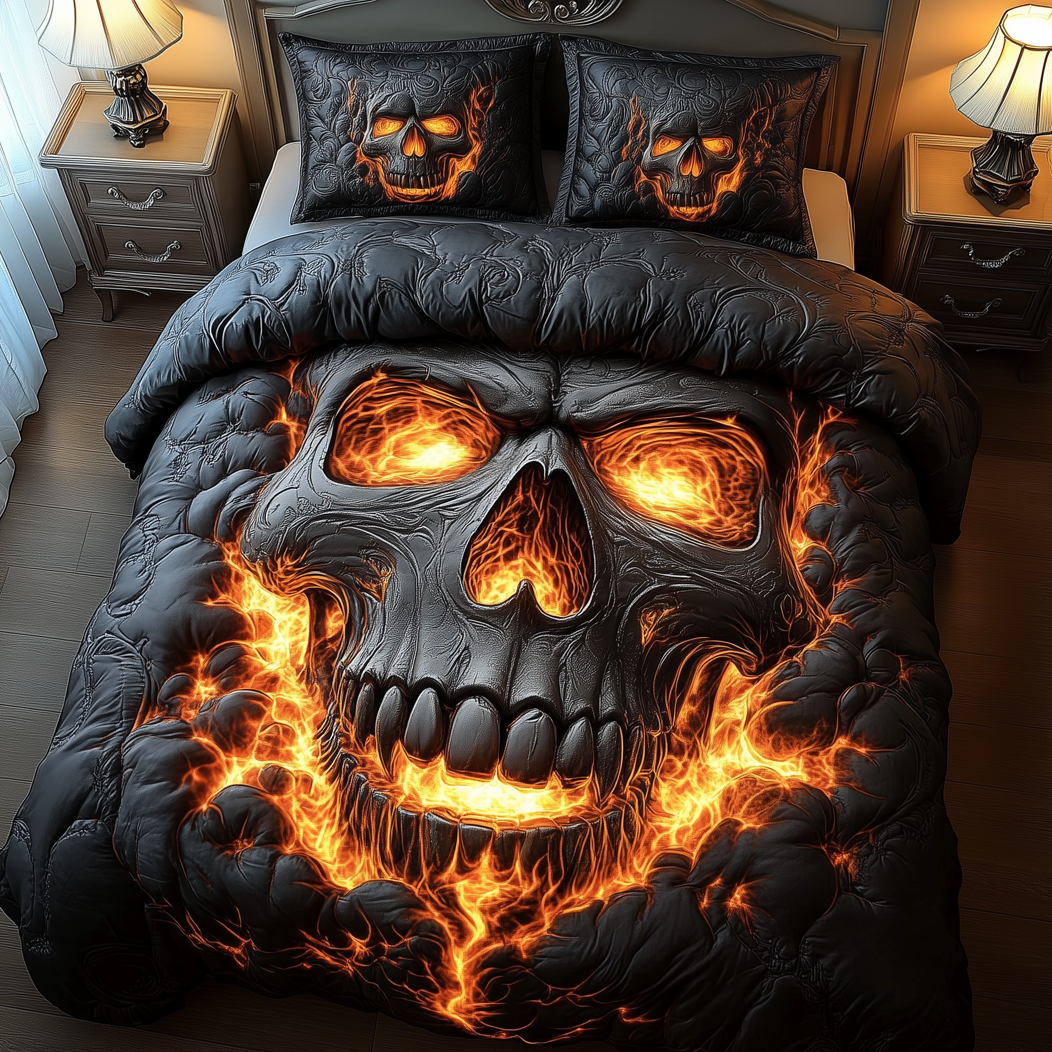 Lava Skull Quilted Bedding Set Gothic Halloween Coverlet Set Home Gift For Him