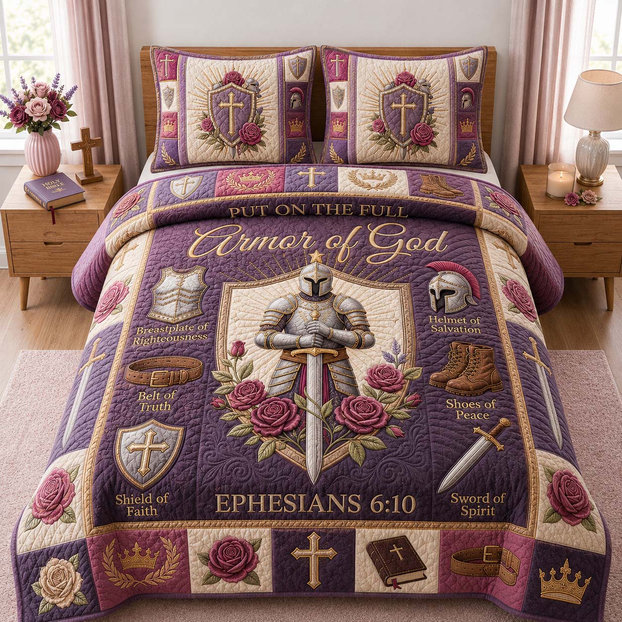 Lavender Faith Knight Quilted Bedding Set Christian Warrior Coverlet Set Unique Home Decor