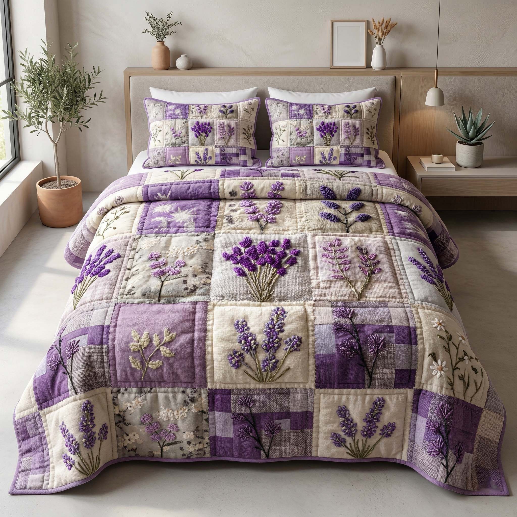 Lavender Patchwork Quilted Bedding Set Floral Garden Coverlet Set Room Gifts