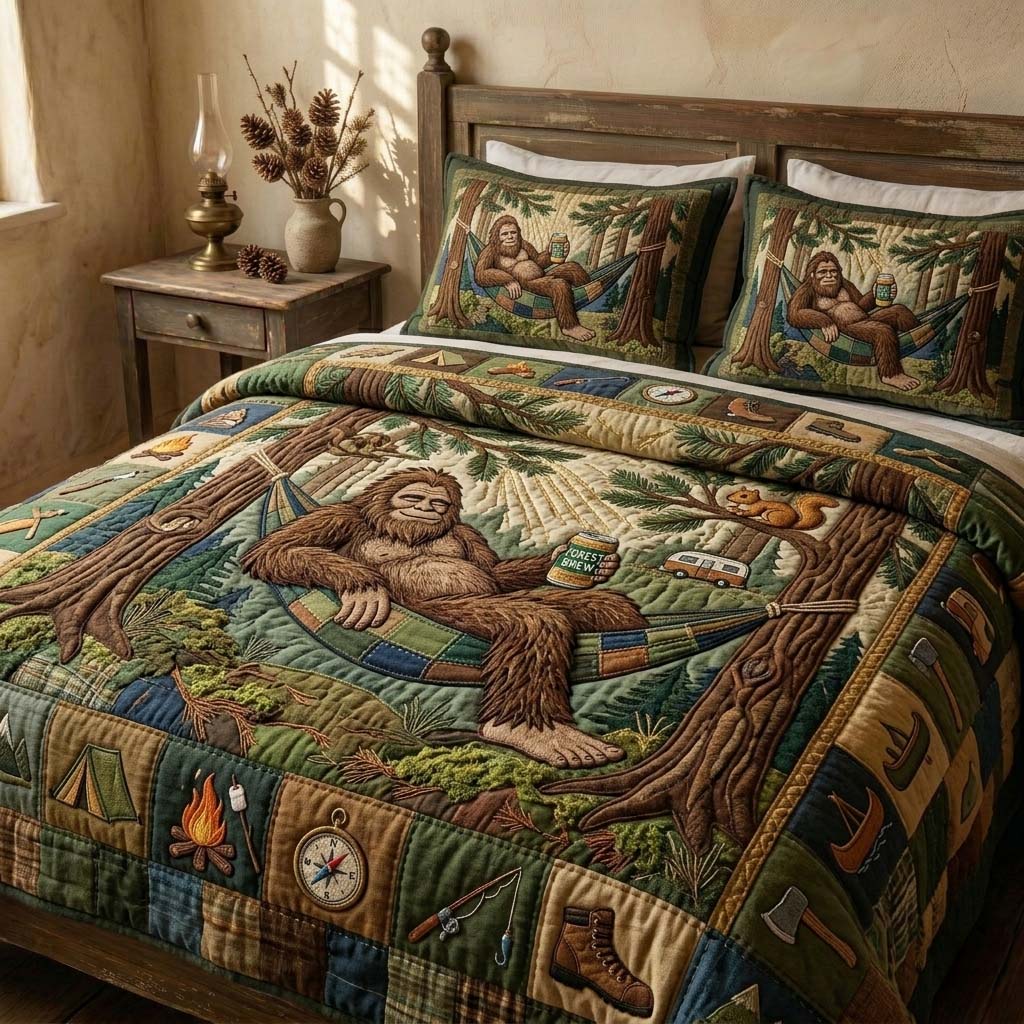 Lazy Camp Bigfoot Quilted Bedding Set Bigfoot Lover Coverlet Set Trendy Room Decor