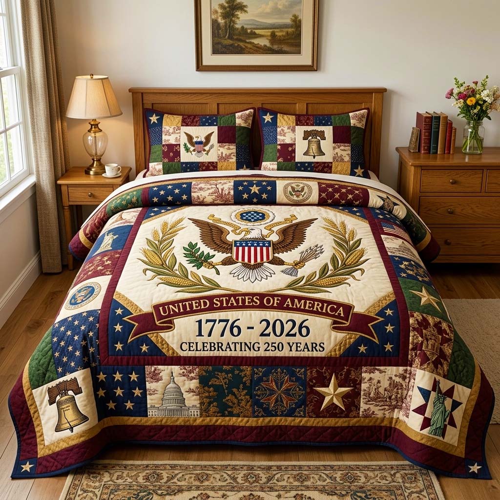 Liberty Banner Quilted Bedding Set Patriotic America Coverlet Set Gift For New Home