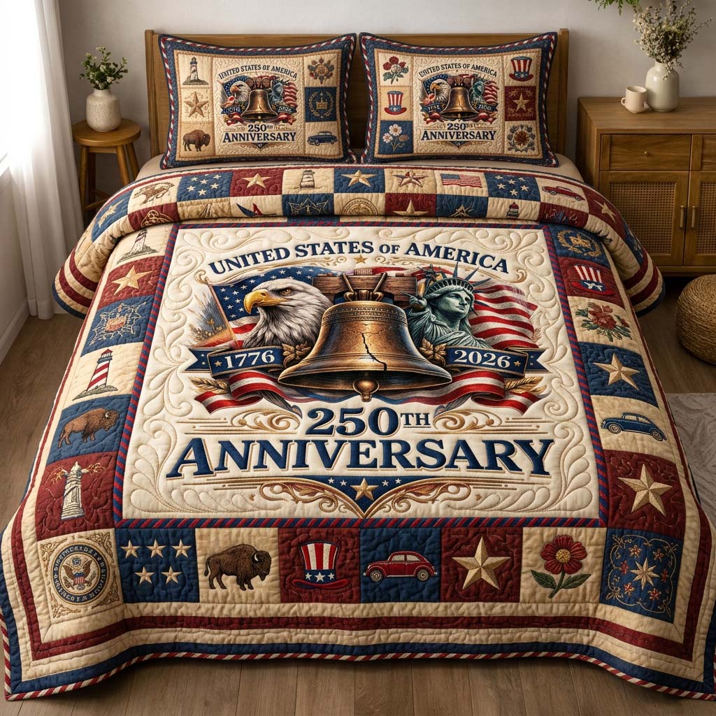 Liberty Bell Quilted Bedding Set Patriotic America Coverlet Set Trendy Room Decor Gifts