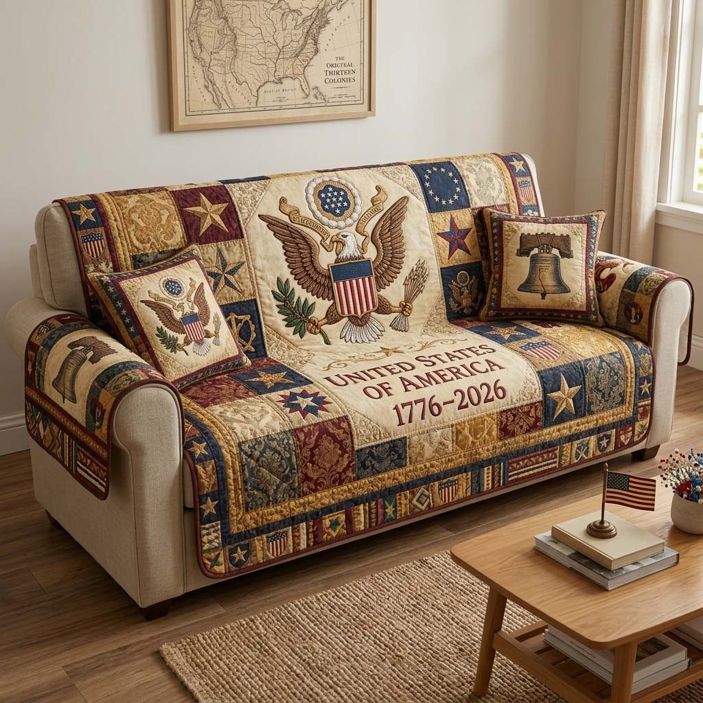Liberty Eagle Crest Quilted Sofa Cover Patriotic Pride Quilted Couch Cover Gift For New Home