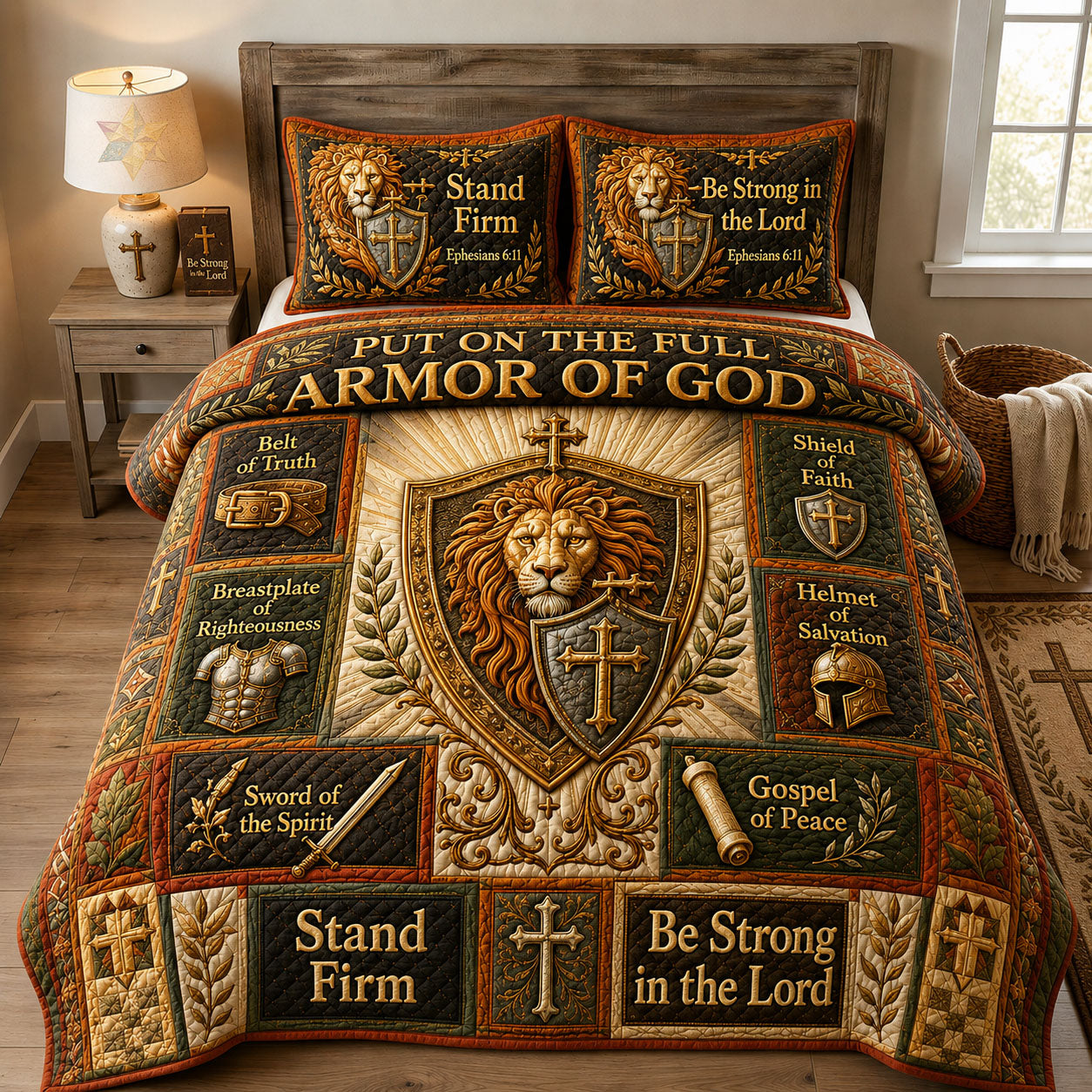 Lion Of Judah Armor Quilted Bedding Set Christian Warrior Coverlet Set Gifts For Home Decor